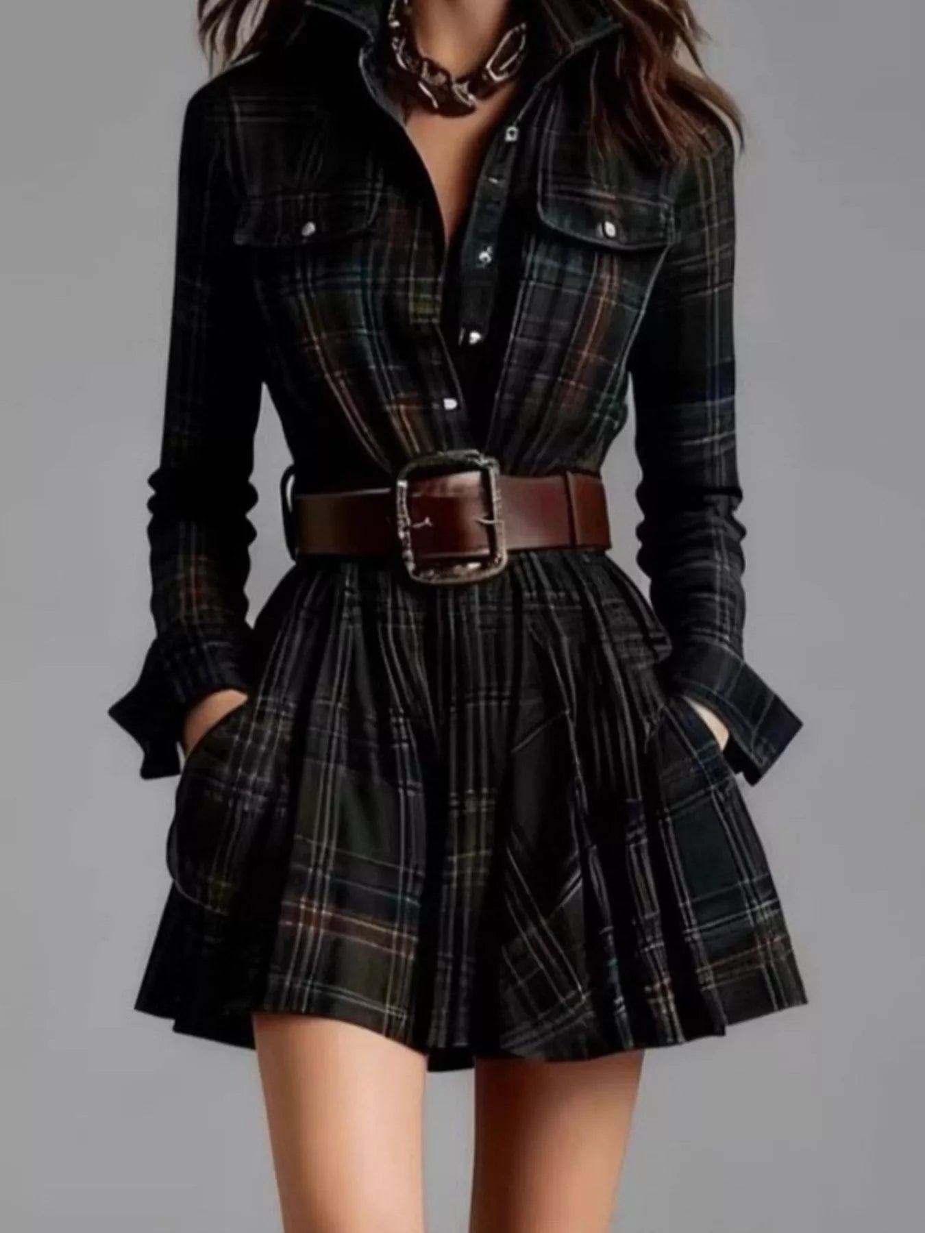 Plaid Belted Shirt Dress