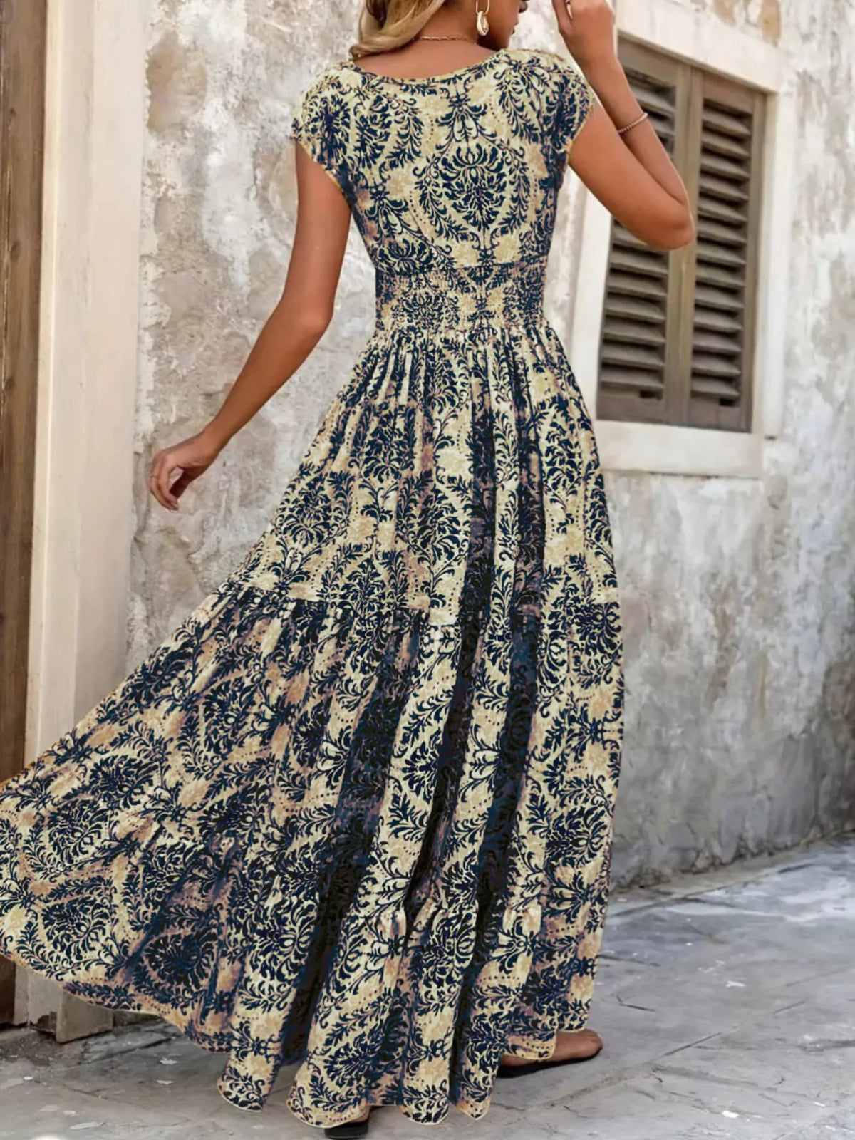 Smocked V-Neck Tiered Maxi Dress