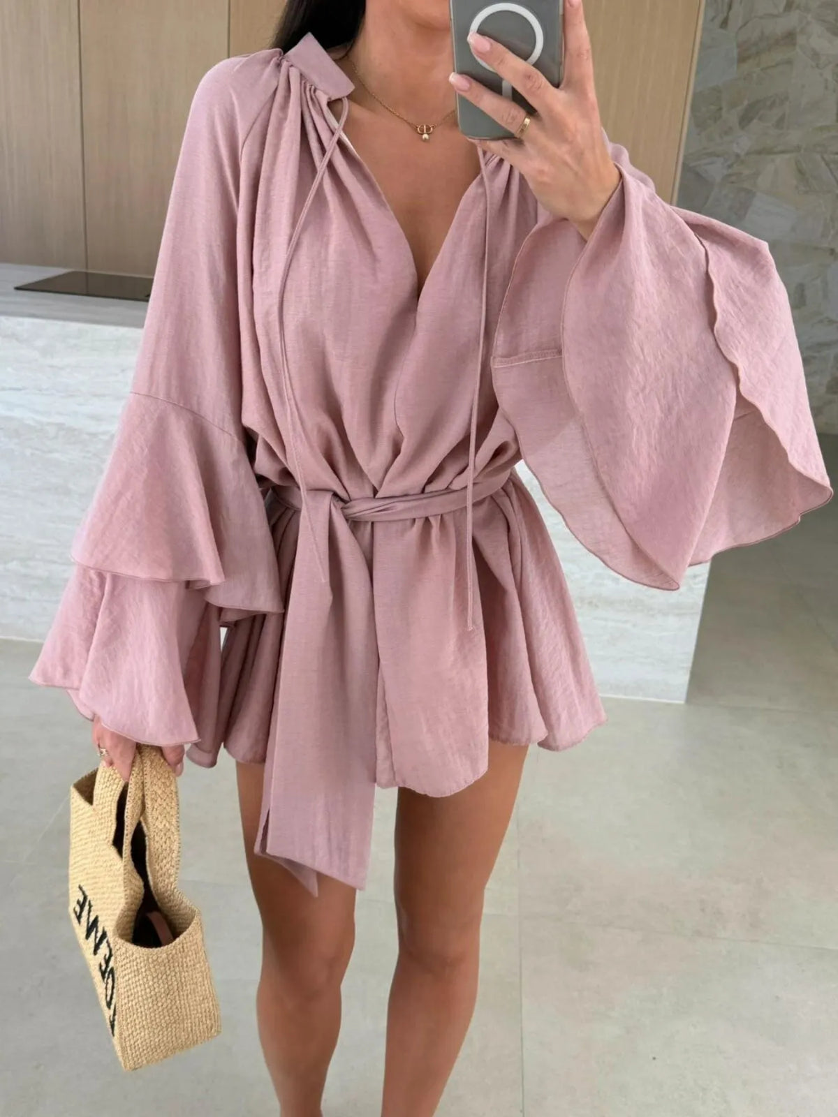 Bell Sleeve Tie-Waist Mini Shirt Dress