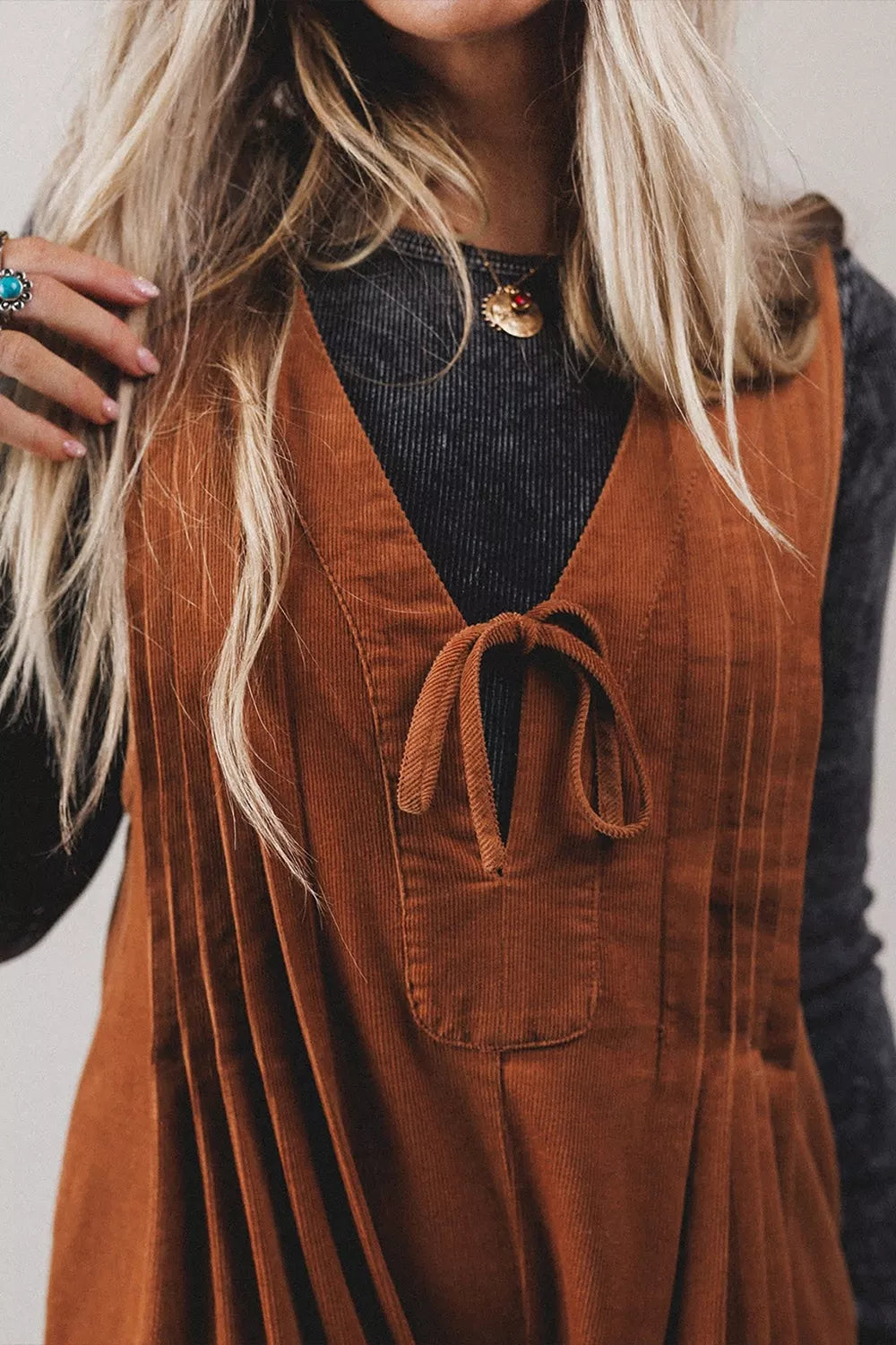 Tie V-Neck Corduroy Romper in Caramel