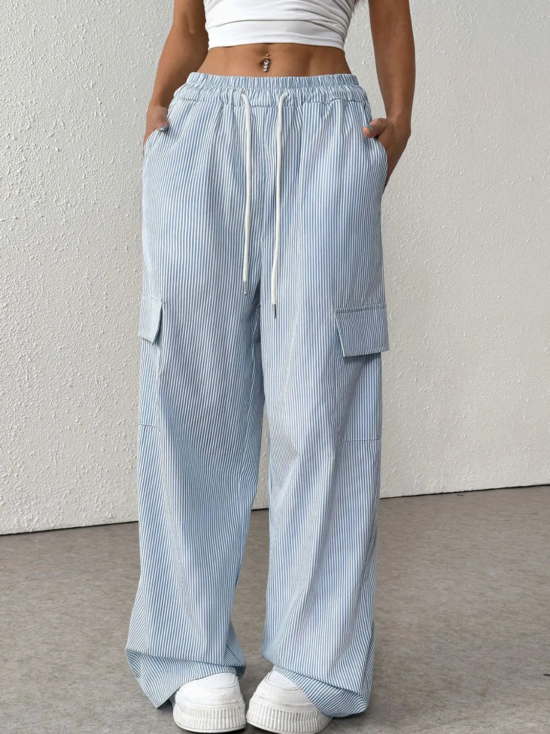 Striped Wide Leg Cargo Pants in Light Blue