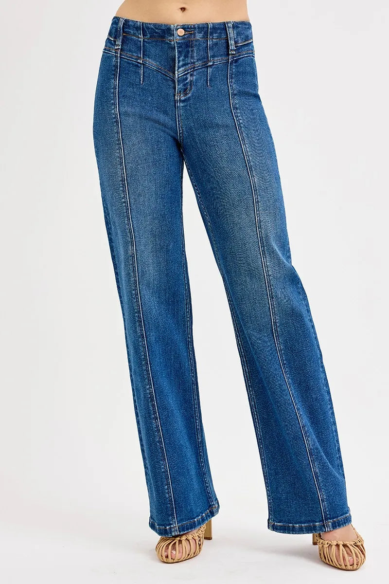 Risen Seam Detail Wide Leg Jeans in Dark Wash