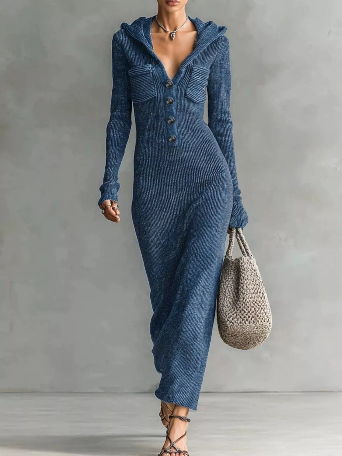 Hooded Knit Maxi Dress with Chest Pockets