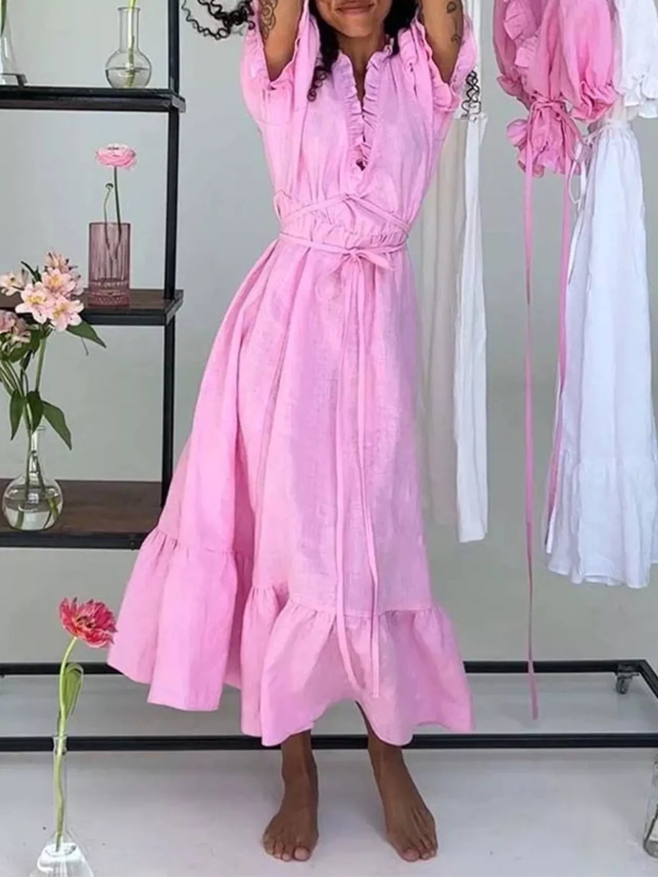 Ruffle Trim Puff Sleeve Maxi Dress