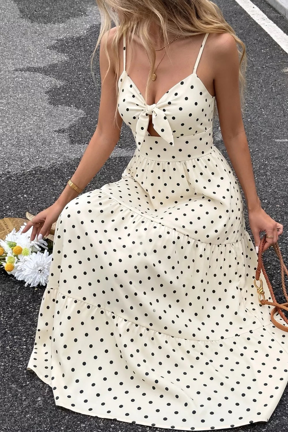 Polka Dot Tie-Front Cutout Maxi Dress in Cream