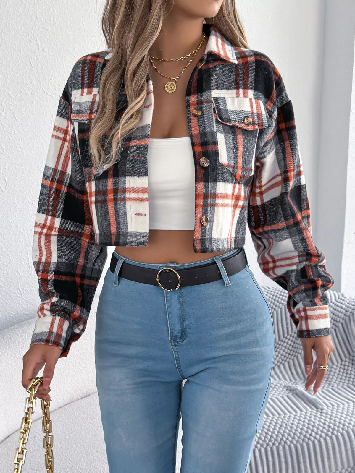 Plaid Button-Up Cropped Jacket by Clise