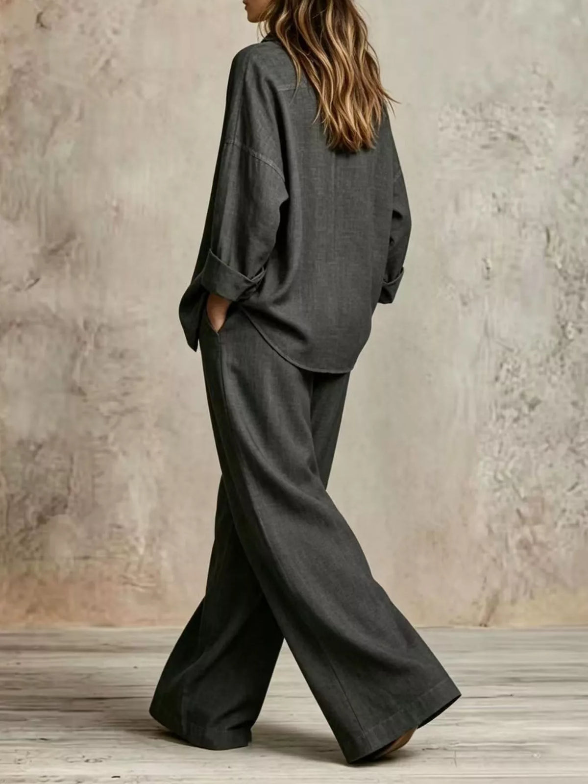 Button-Down Shirt and Wide-Leg Pants Set