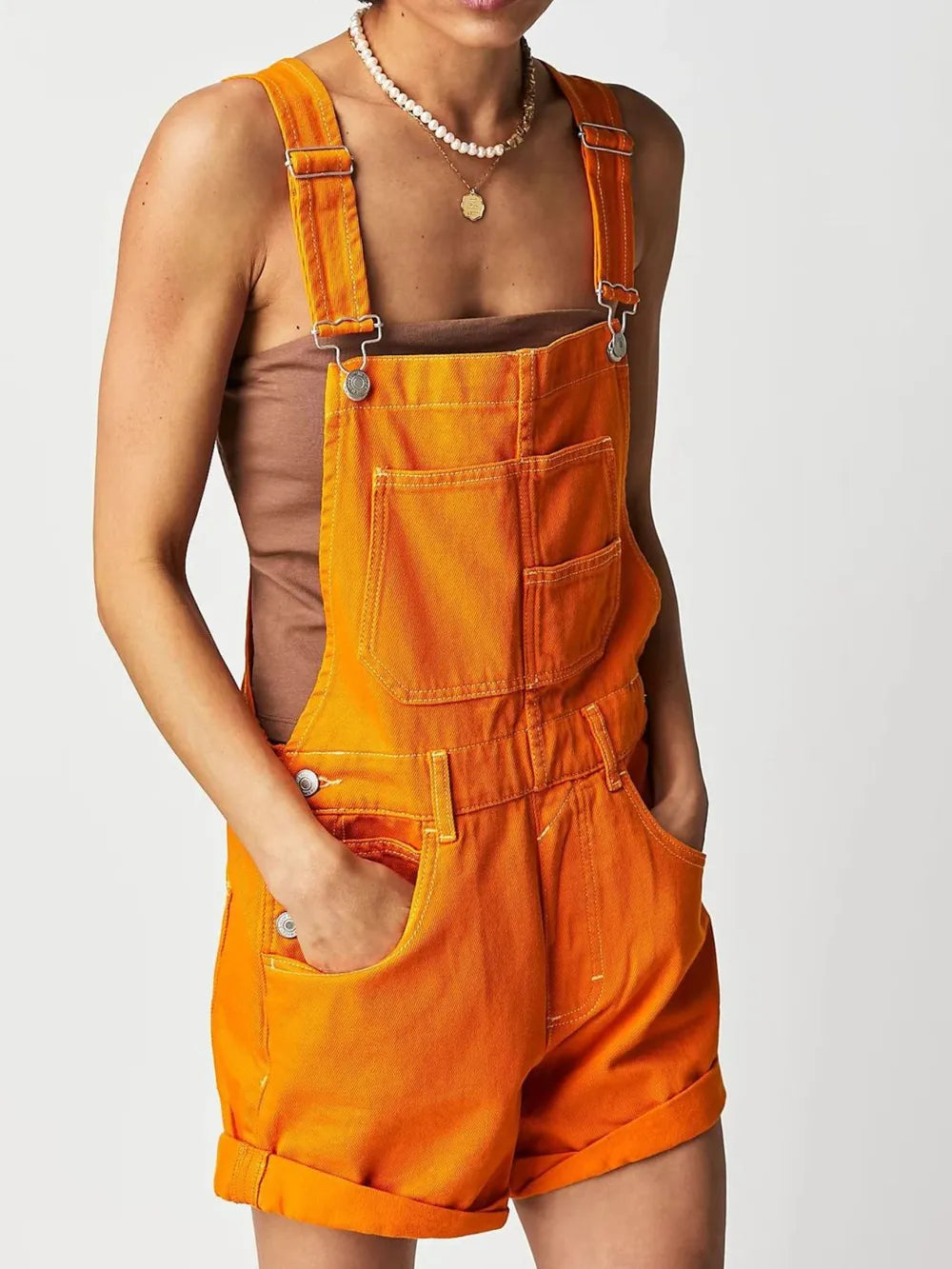 Square Neck Wide Strap Denim Overalls in Tangerine by Dreamy Drapes