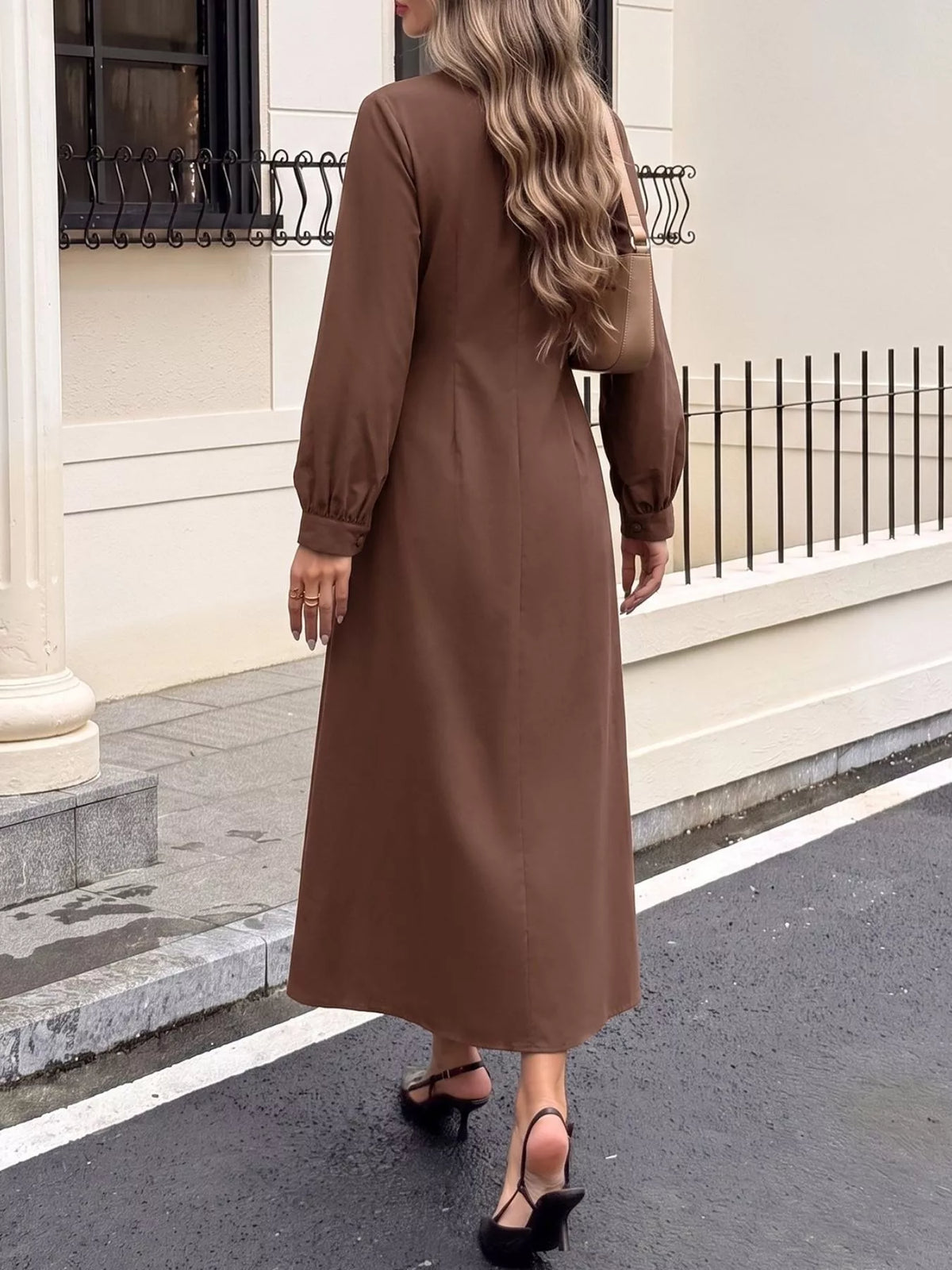 Button-Down Long Sleeve Midi Dress in Coffee Brown