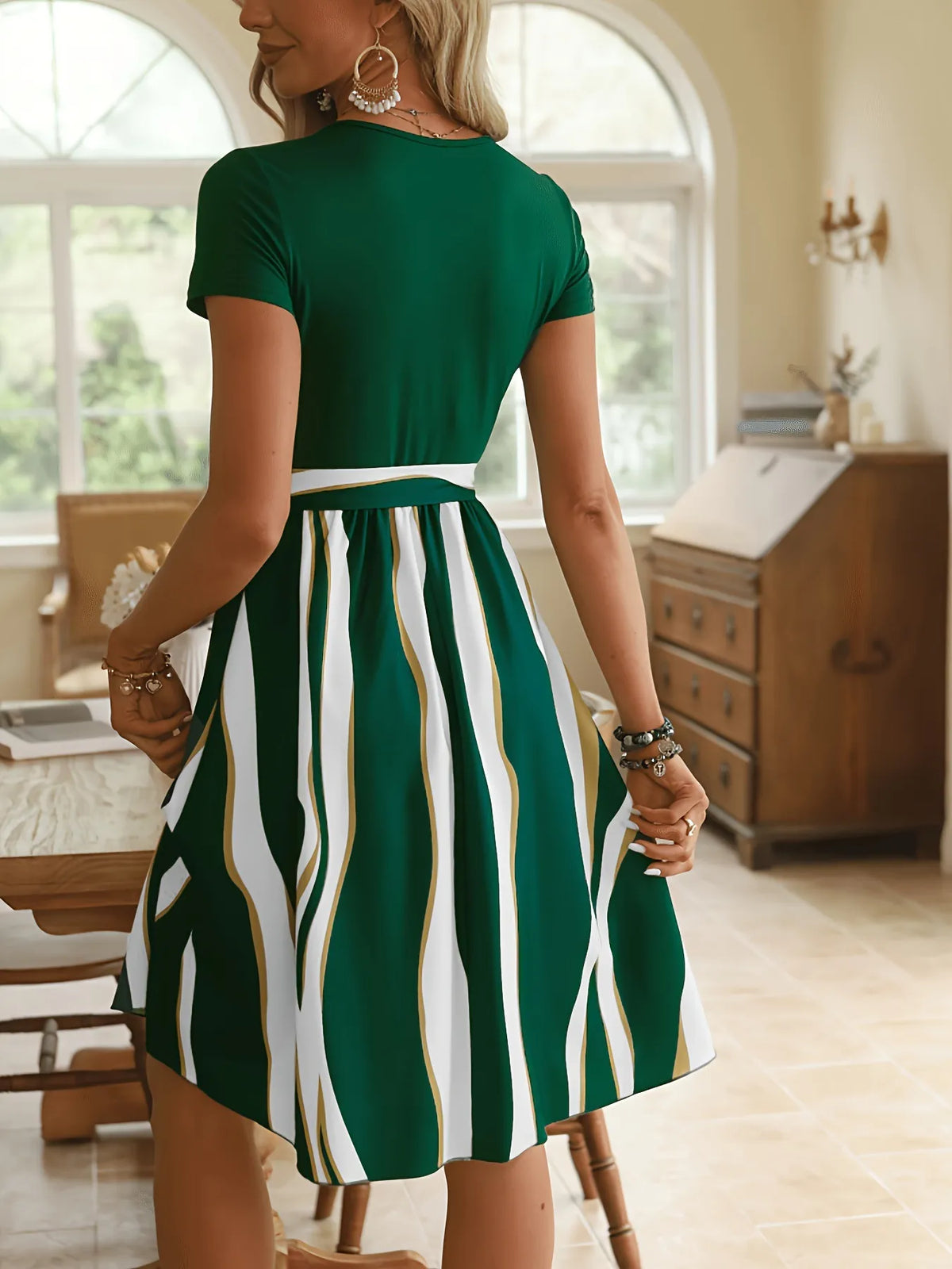 Striped Short Sleeve Tie Waist Dress by Classic Comfort