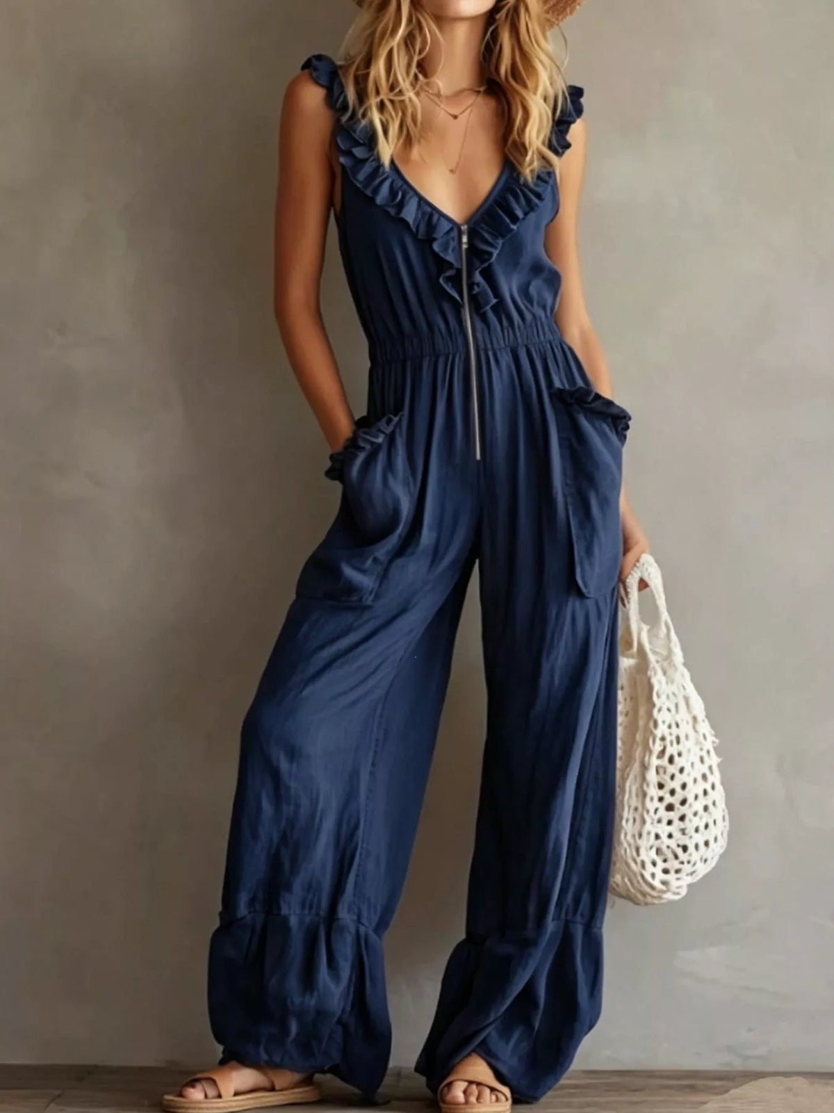 Ruffled V-Neck Jumpsuit with Pockets
