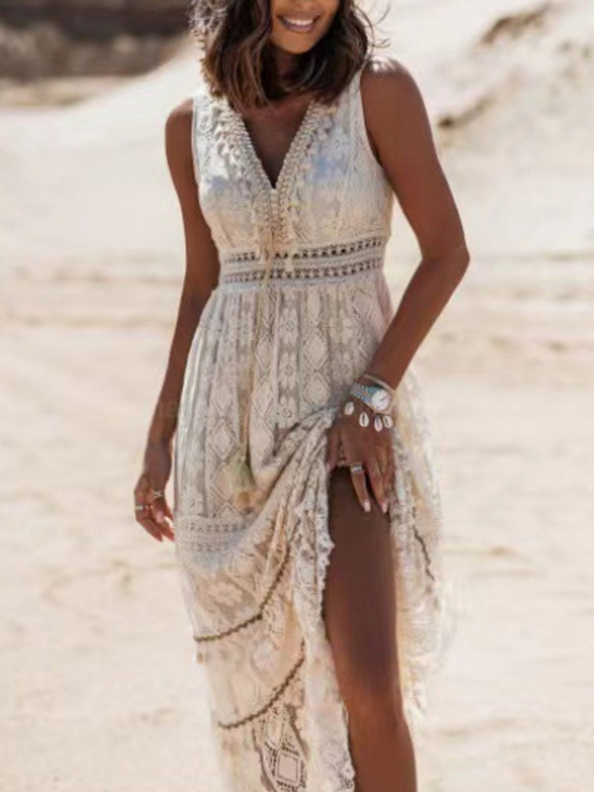 Tasseled Lace V-Neck Maxi Dress
