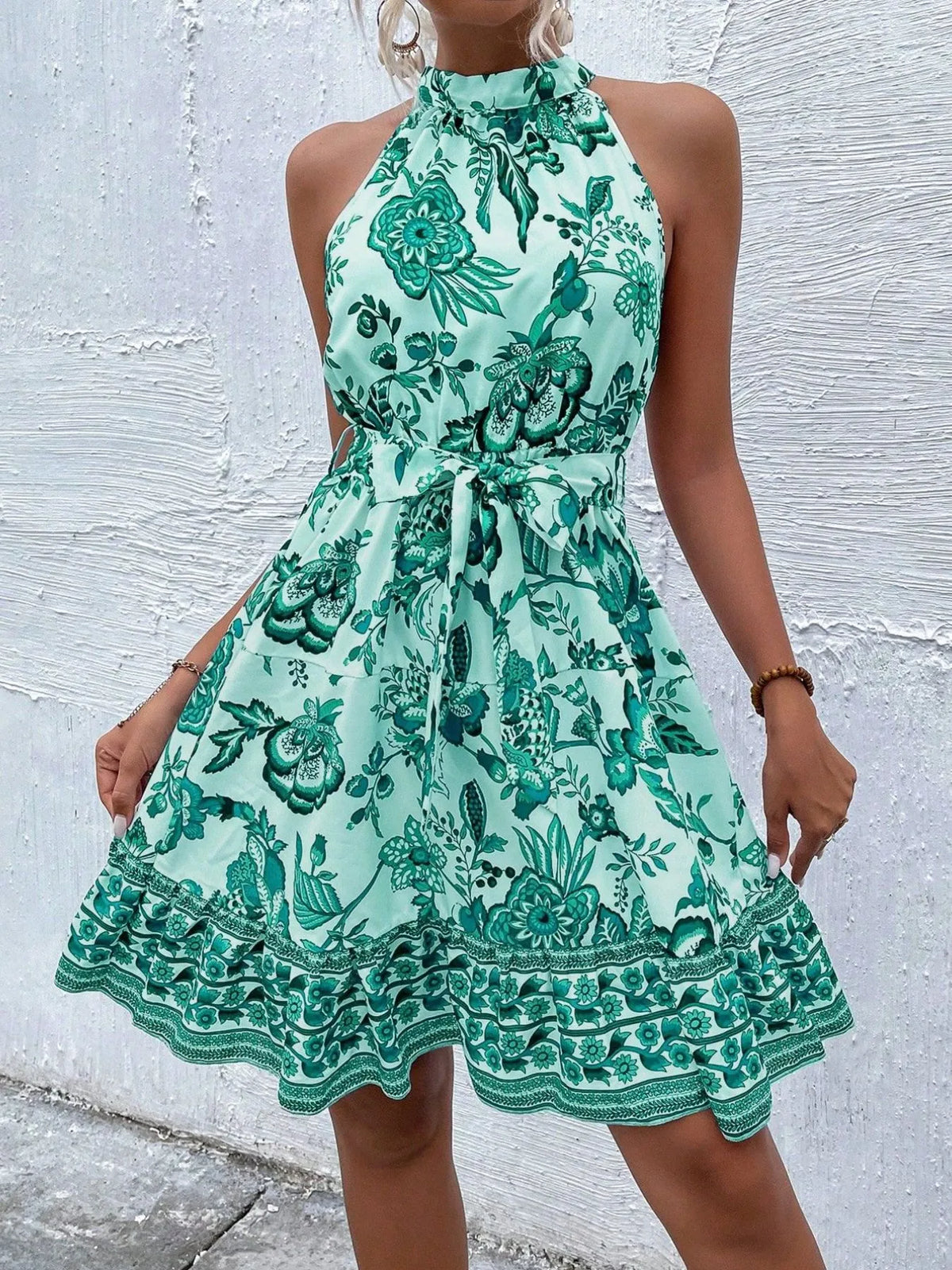 Floral Halter Neck Belted Summer Dress