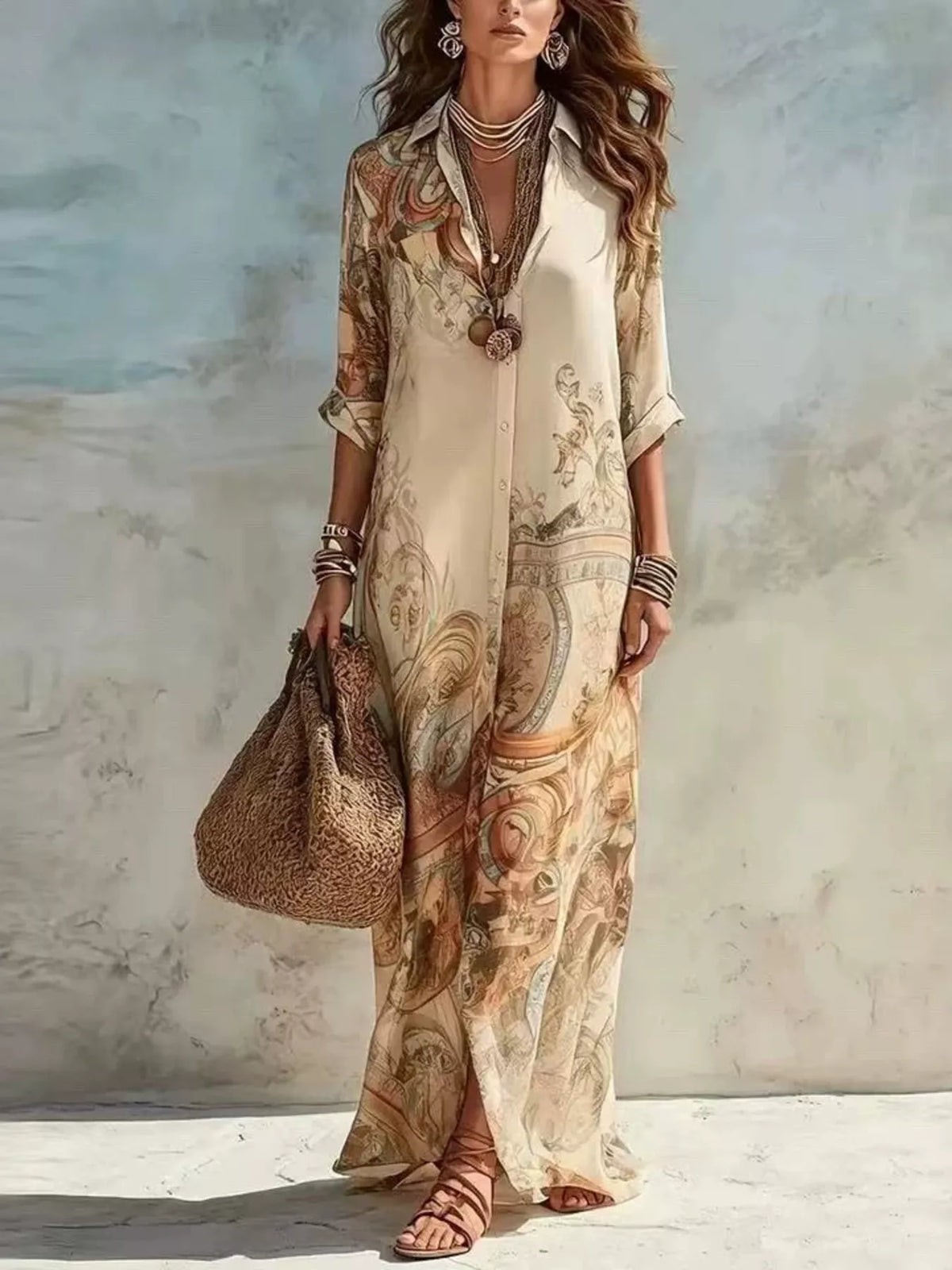 Printed Button-Down Shirt Maxi Dress