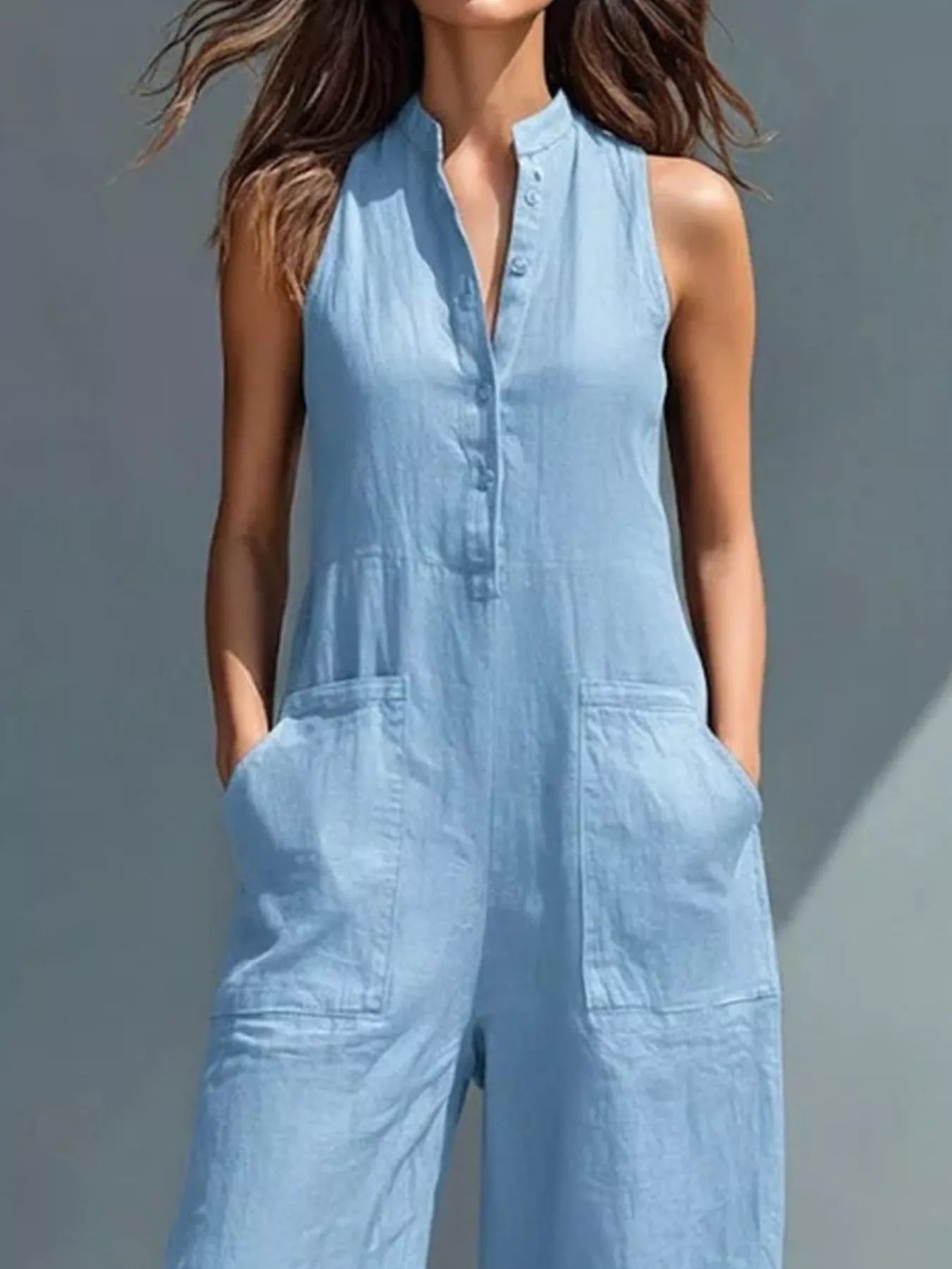 Button Front Sleeveless Jumpsuit