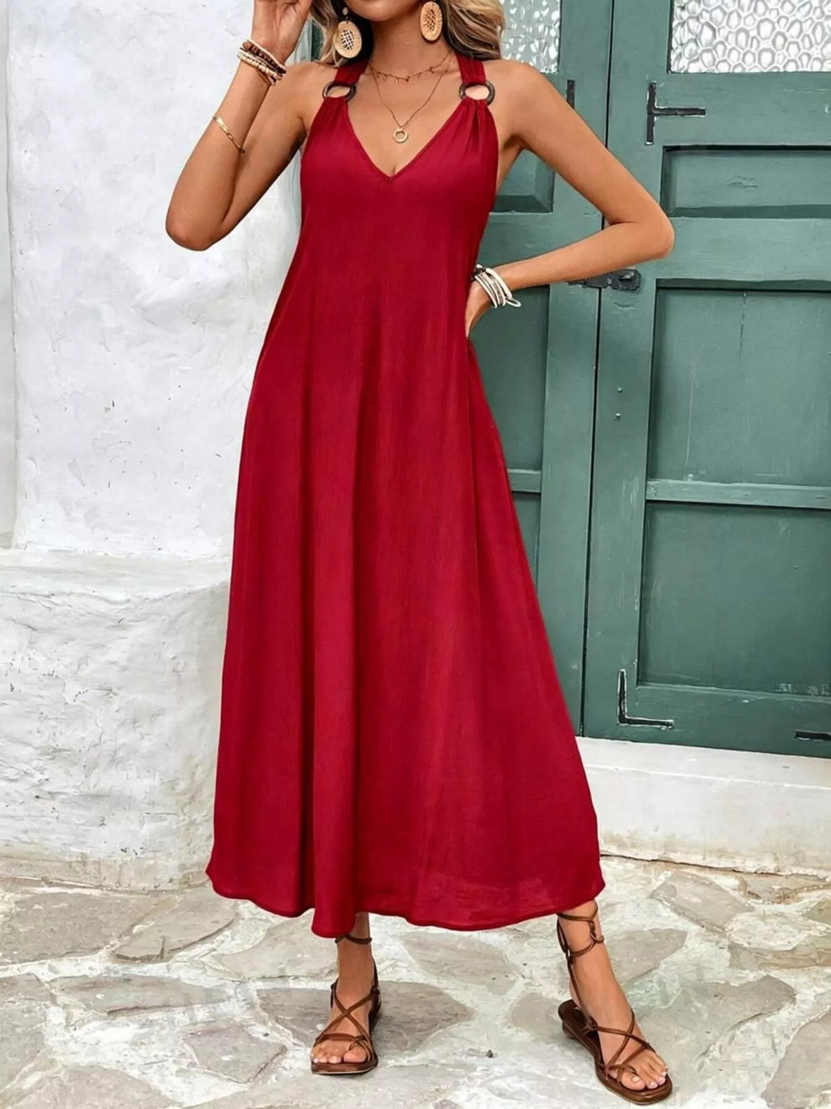 V-Neck Sleeveless Midi Dress in Burgundy