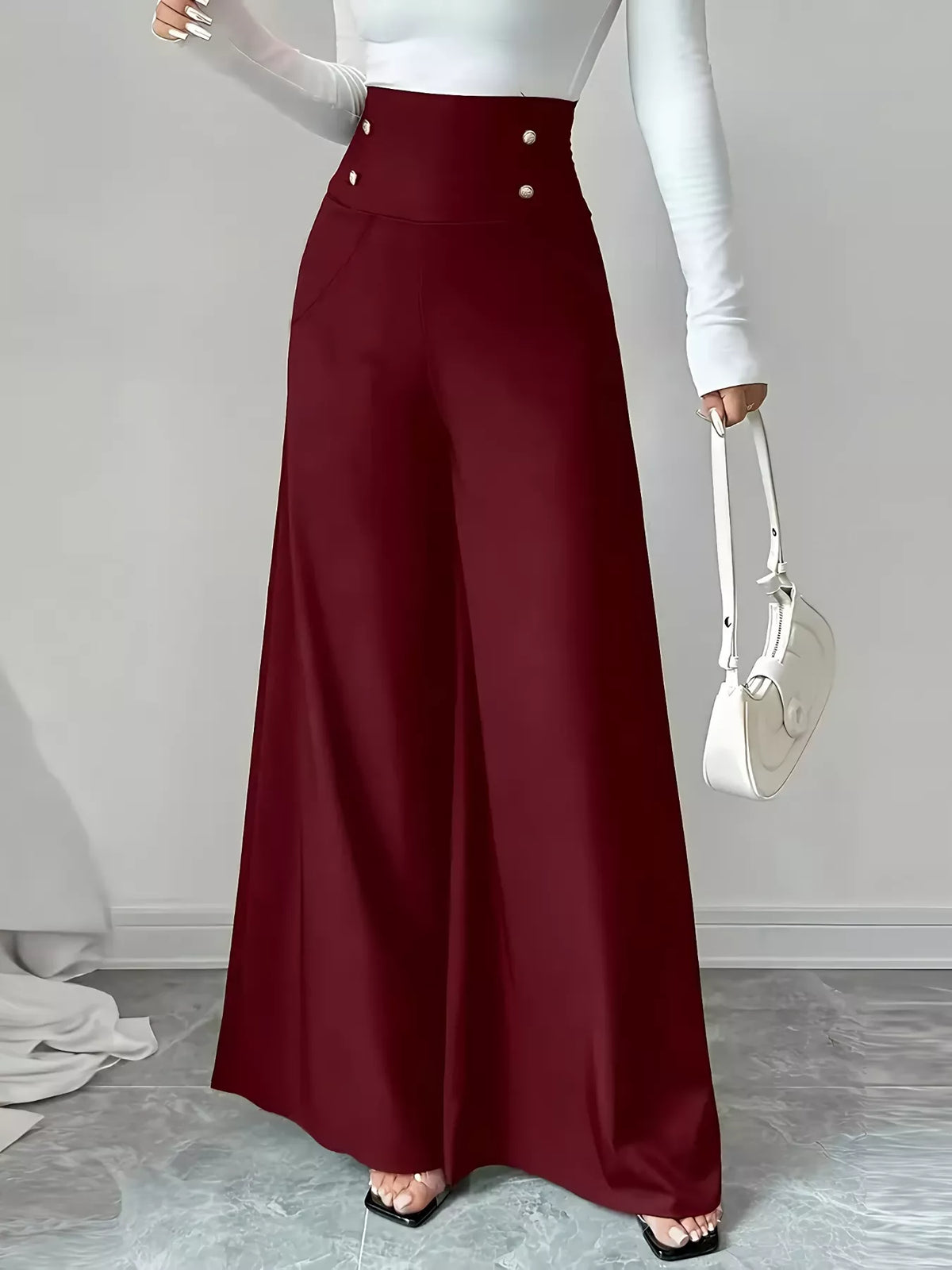 High Waist Wide Leg Pants with Button Detail