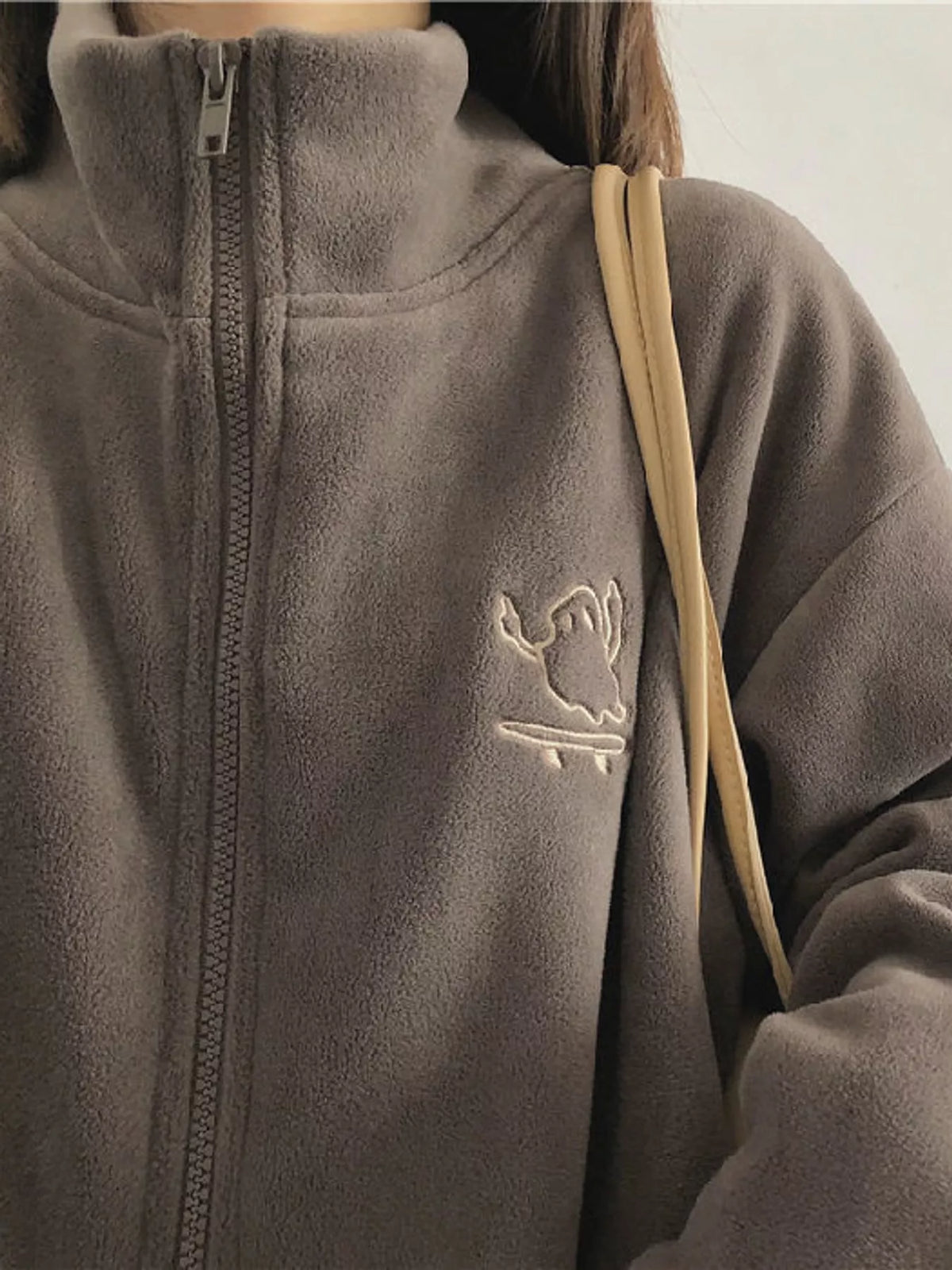 Embroidered Fleece Stand-Collar Jacket