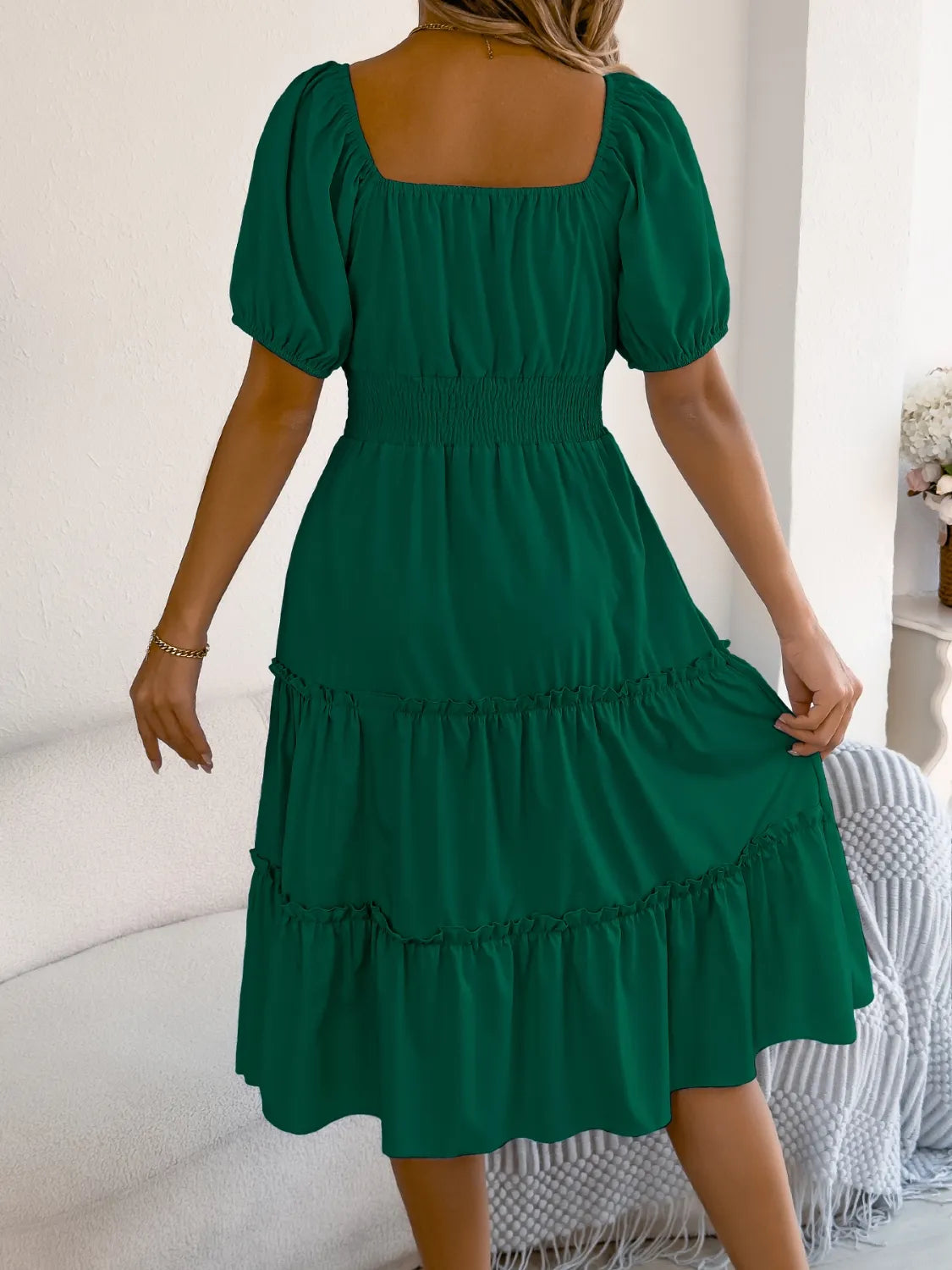 Square Neck Puff Sleeve Smocked Dress