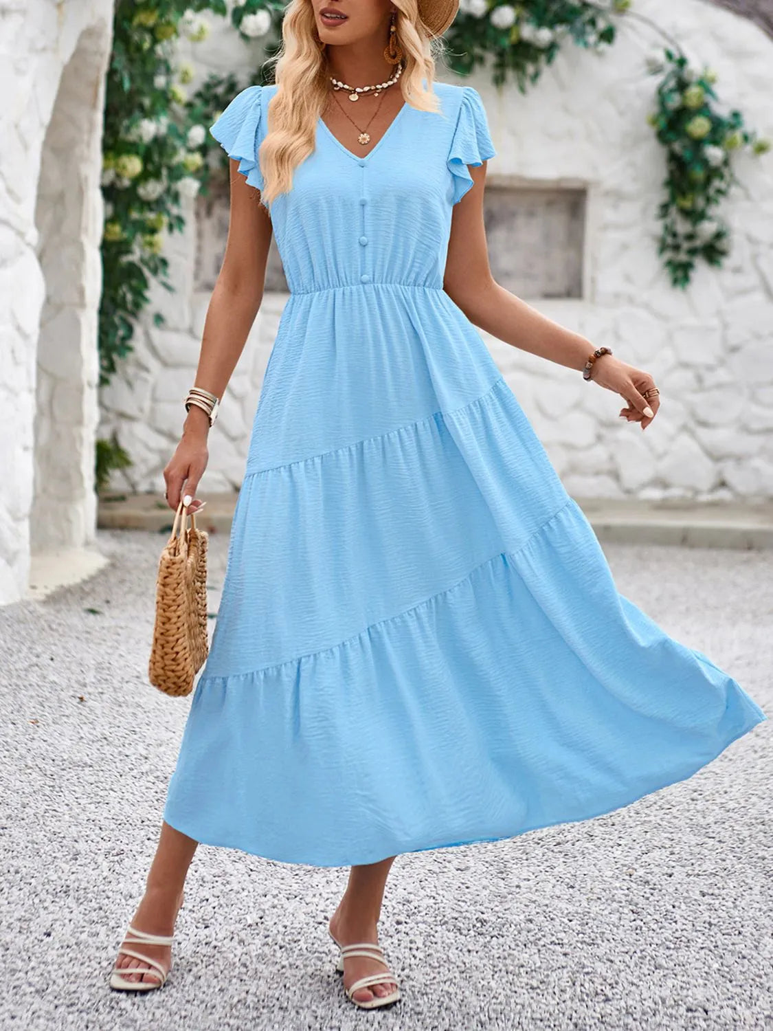 V-Neck Ruffle Sleeve Dress by Golden Gueen