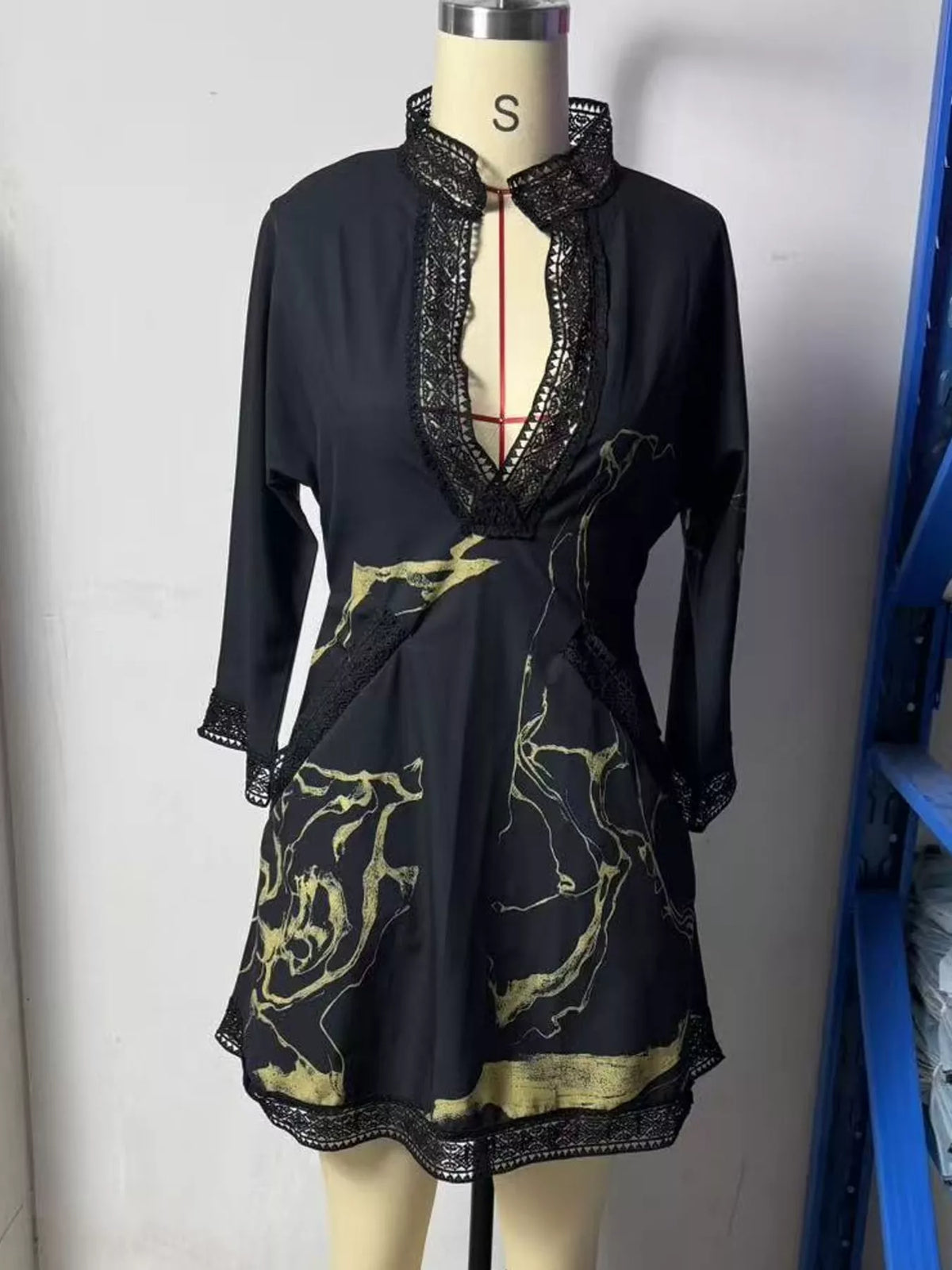 Notched 3/4 Sleeve Lace Mini Dress
