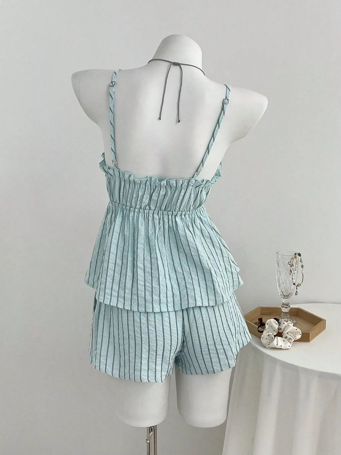 Tie Front Striped Cami and Shorts Set in Blue