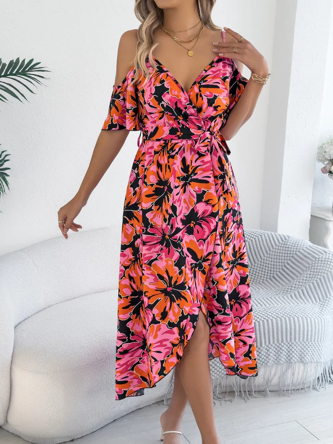 Printed Cold-Shoulder Midi Cami Dress