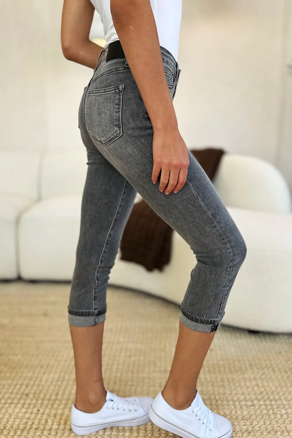 Judy Blue Button Fly High Waist Cuffed Capris in Gray