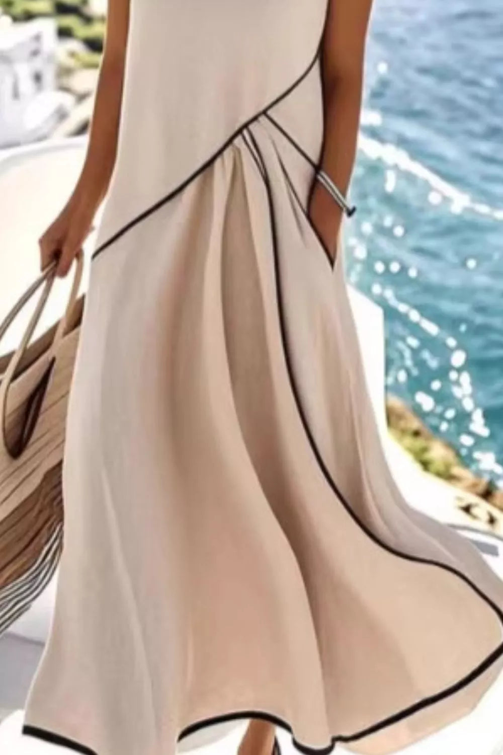 Sleeveless Maxi Dress with Contrast Trim and Pockets