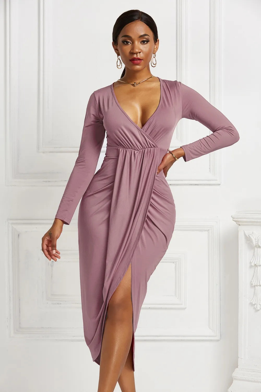 Ruched Surplice Long Sleeve High-Low Dress
