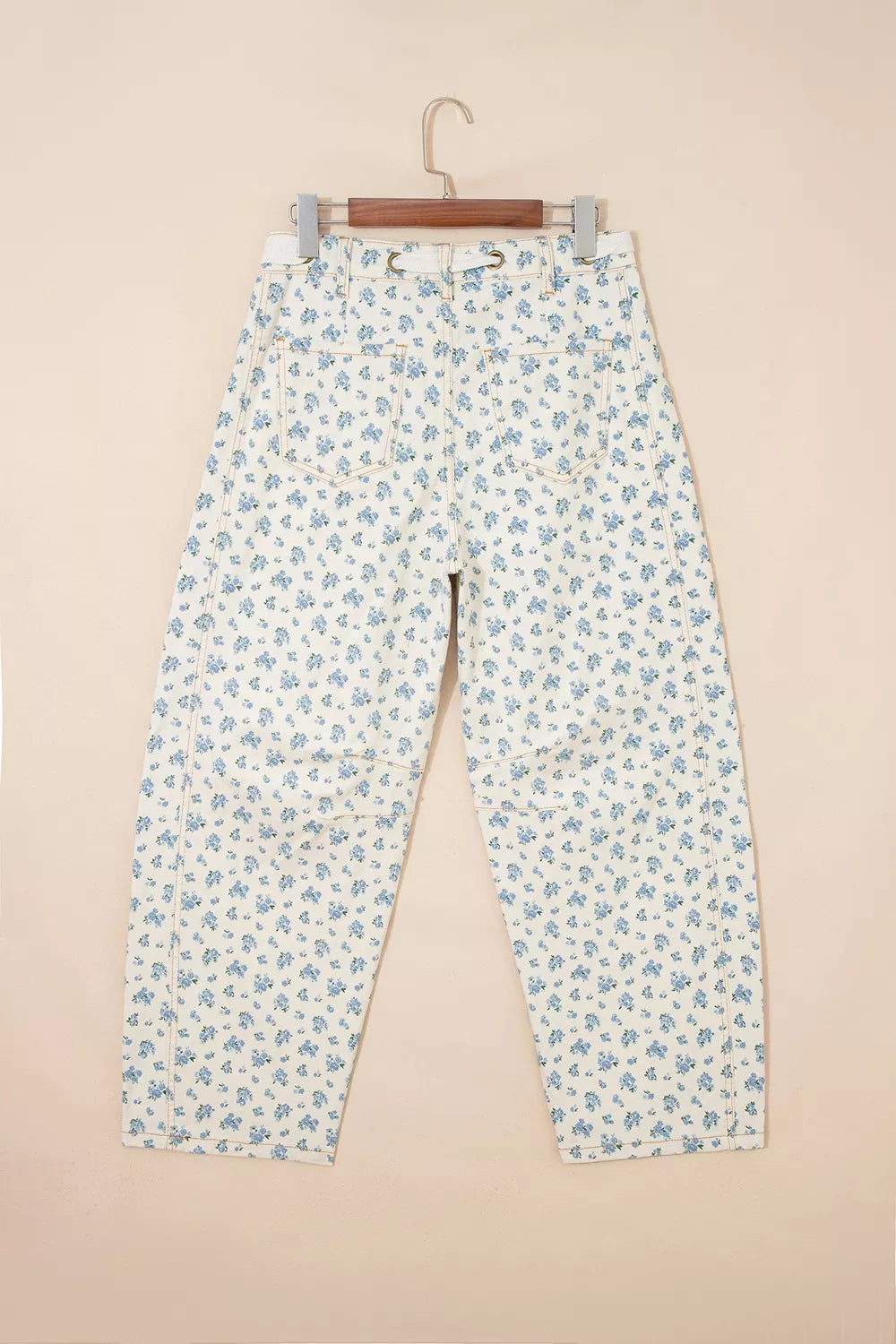 Grommet Knot Waist Floral Barrel Leg Jeans in Beige