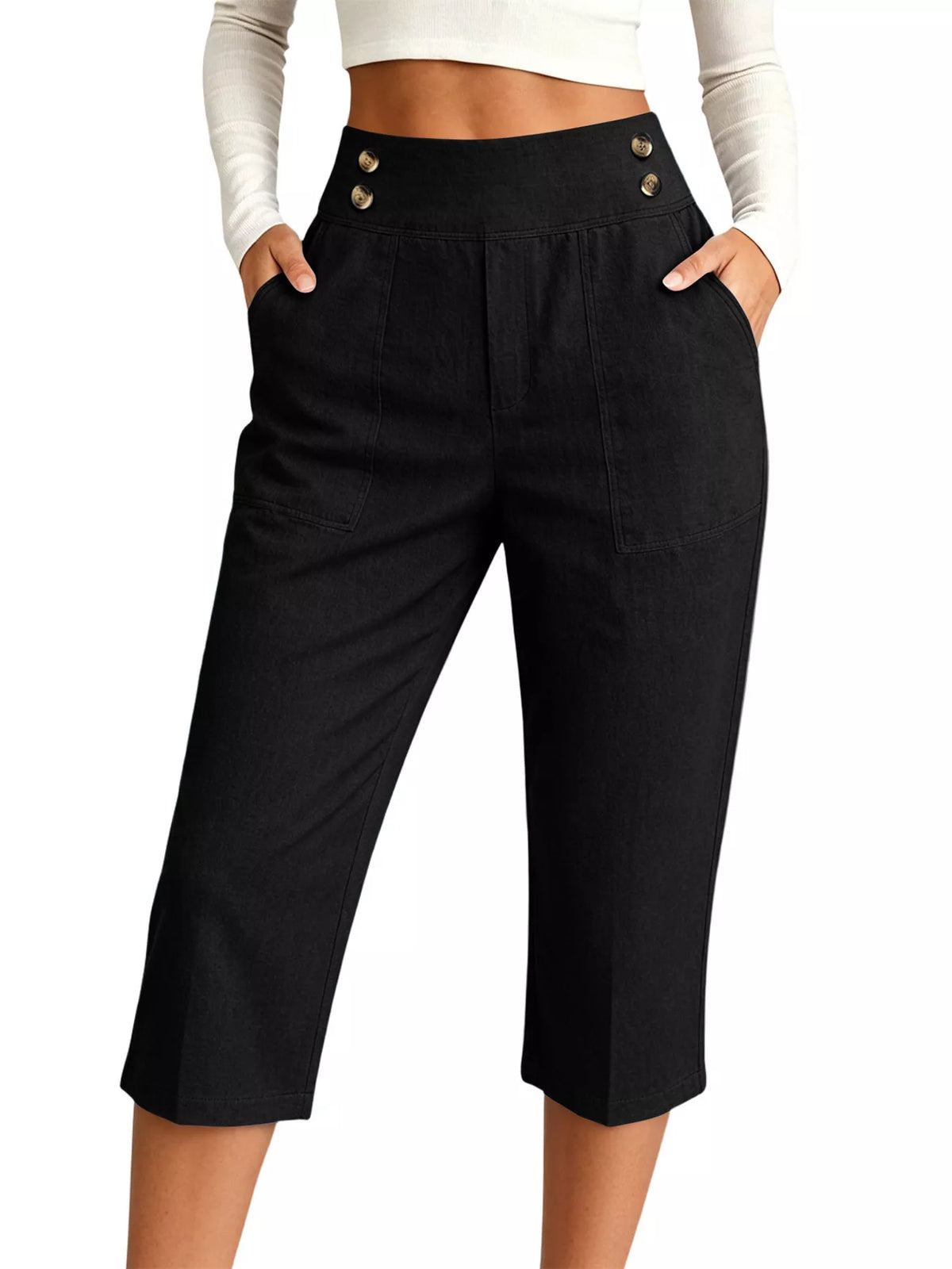 High-Waisted Button-Detail Cropped Pants