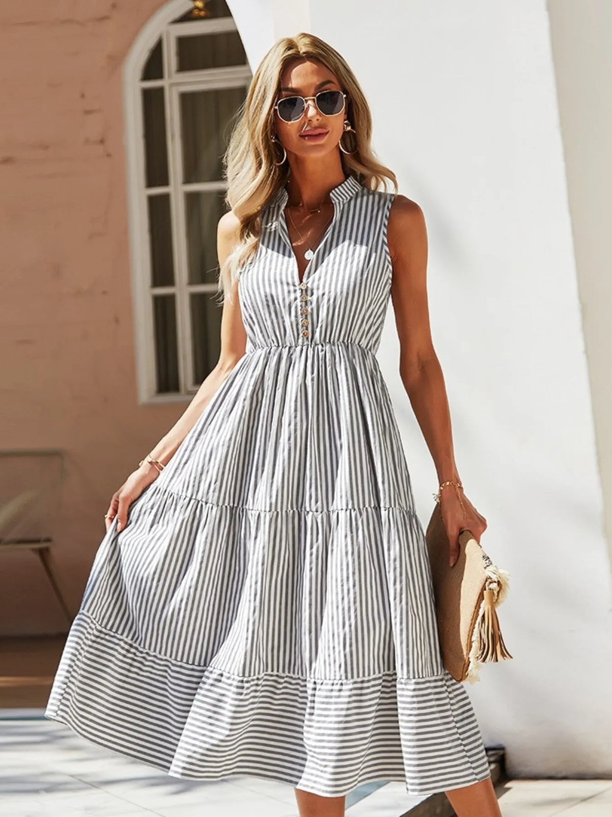Striped Sleeveless Tiered Midi Dress by Elaine
