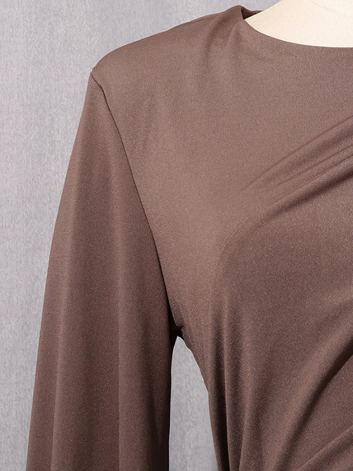 Ruched Long-Sleeve Maxi Dress in Brown