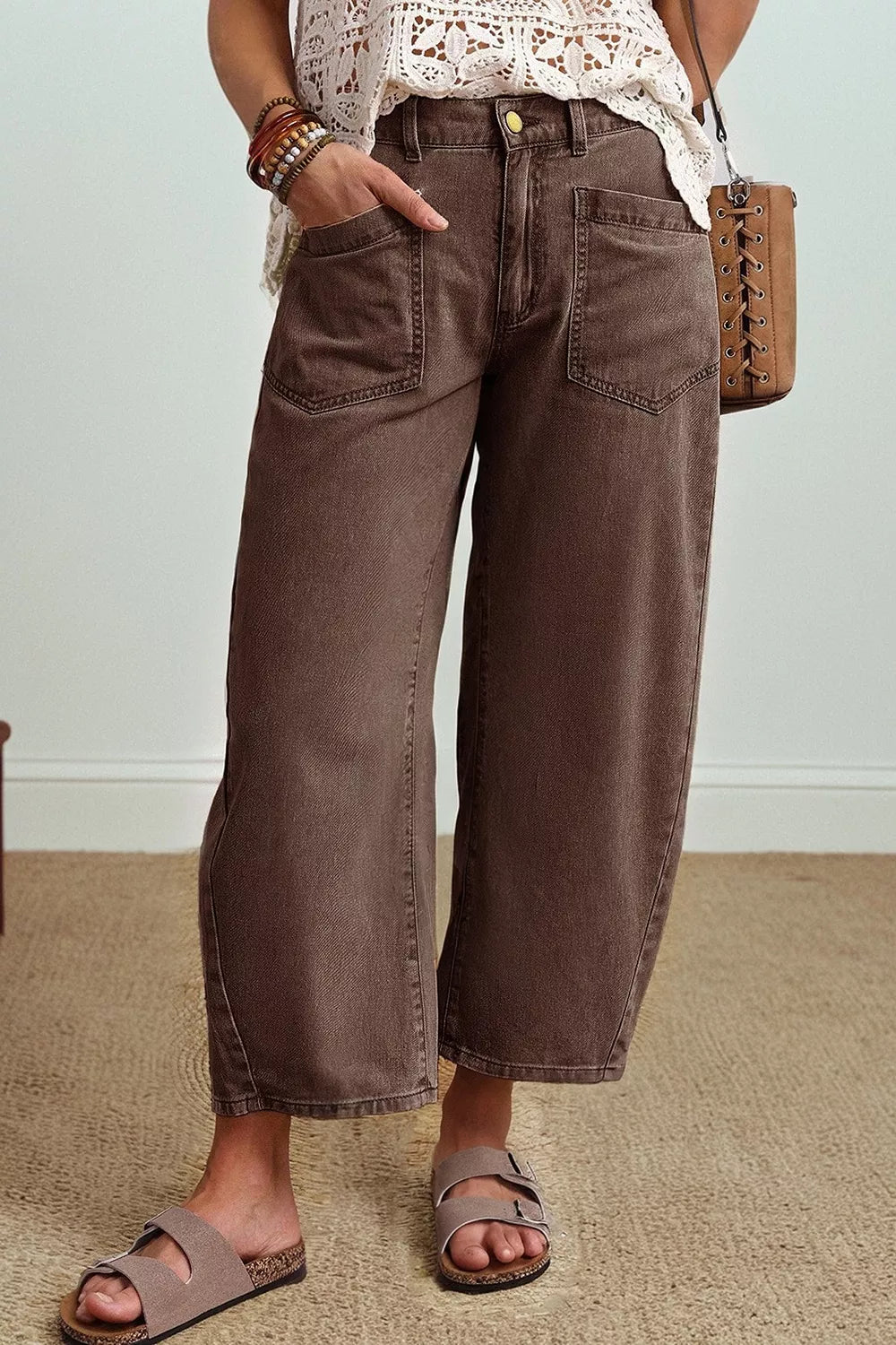 Square Patch Pocket Barrel Jeans in Coffee Brown