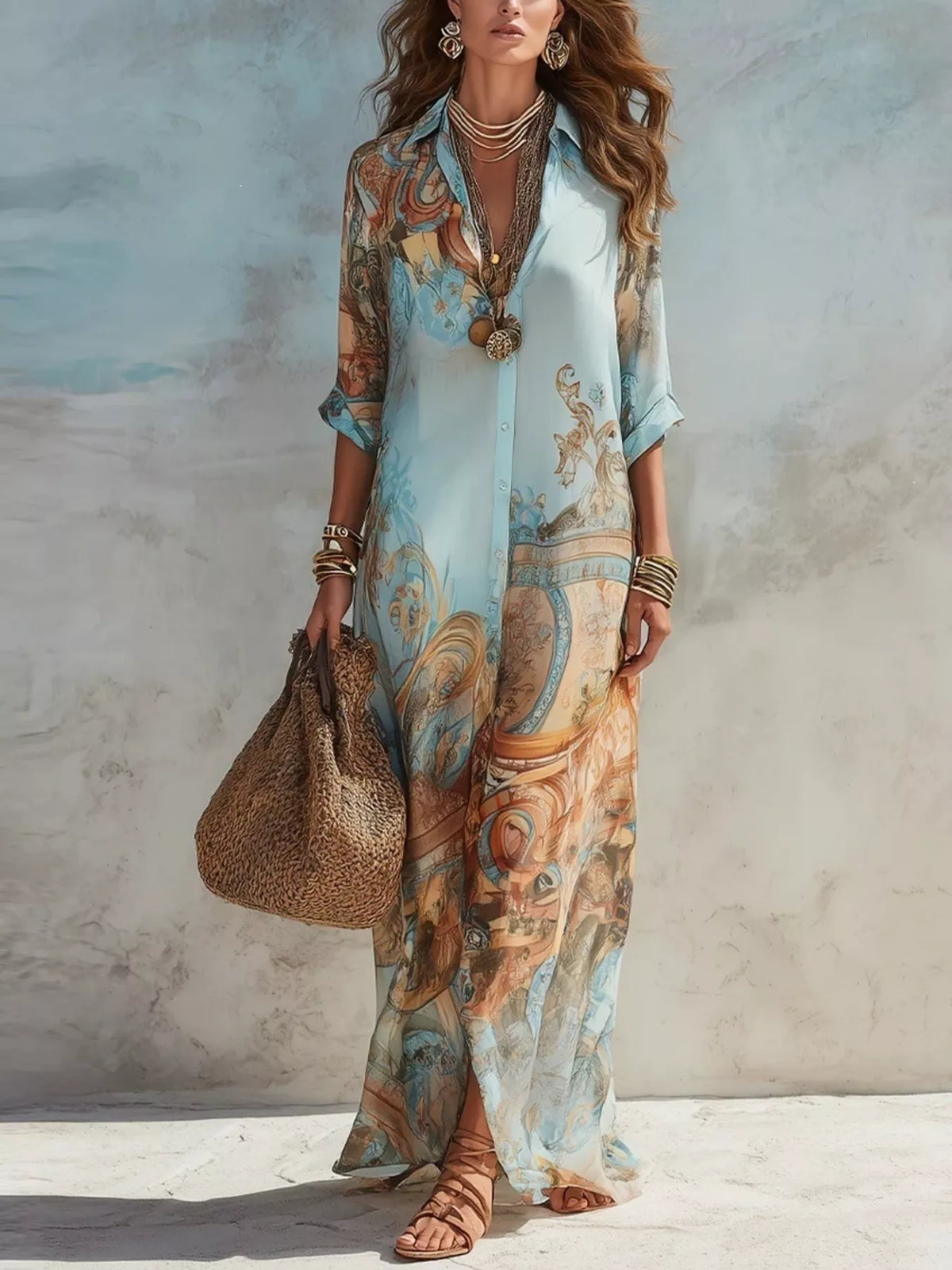 Printed Button-Down Shirt Maxi Dress