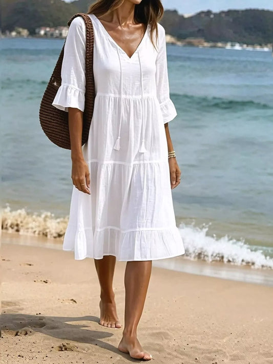 Tie-Neck Flounce Sleeve Tiered Dress