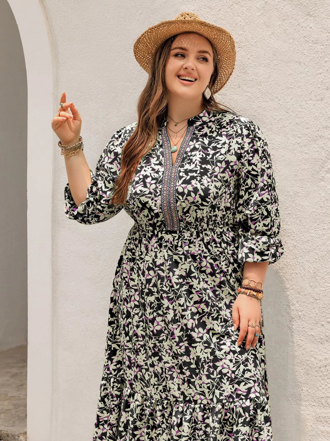 Floral Print Long Sleeve Tiered Maxi Dress in Black