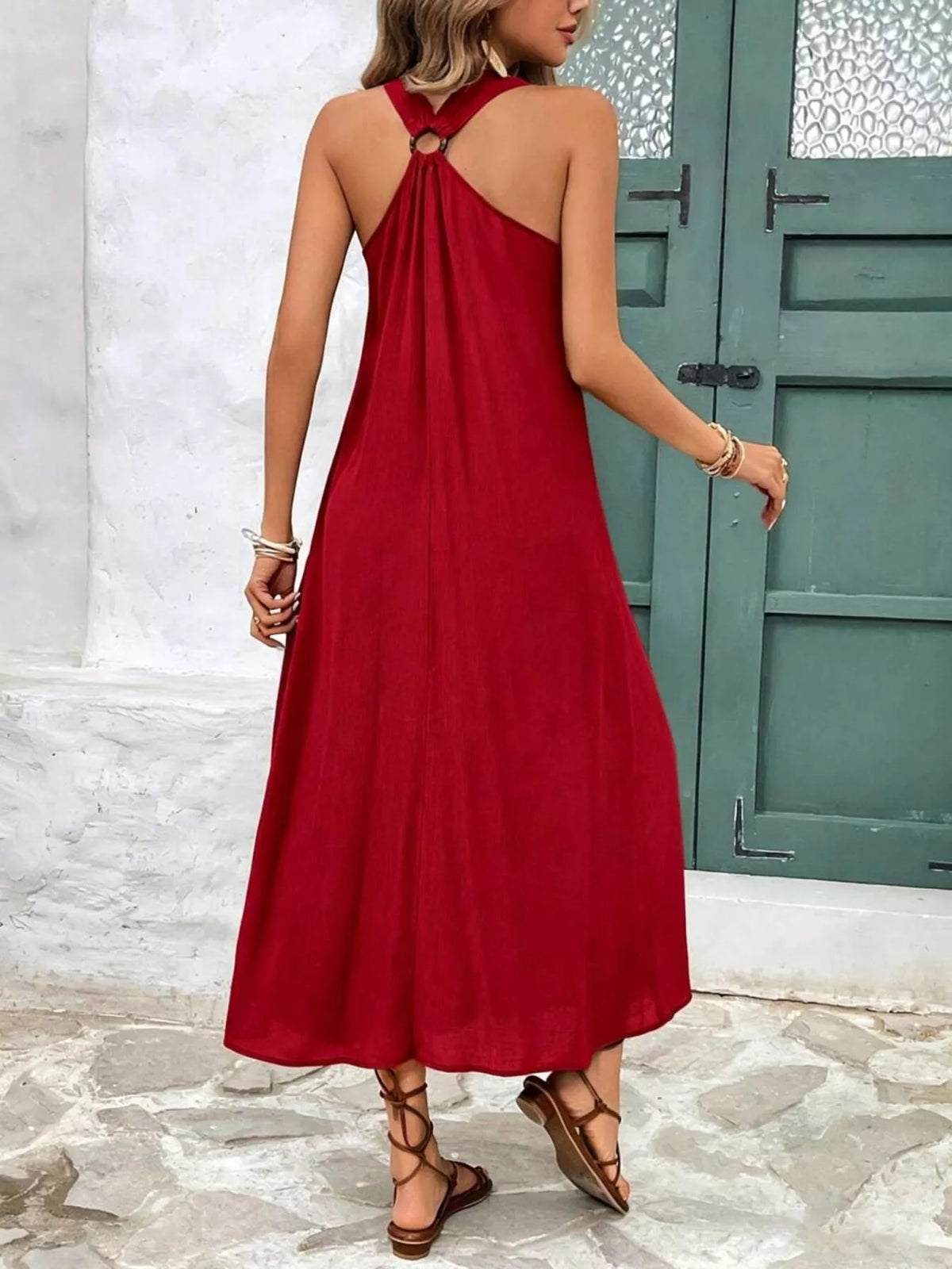 V-Neck Sleeveless Midi Dress in Burgundy