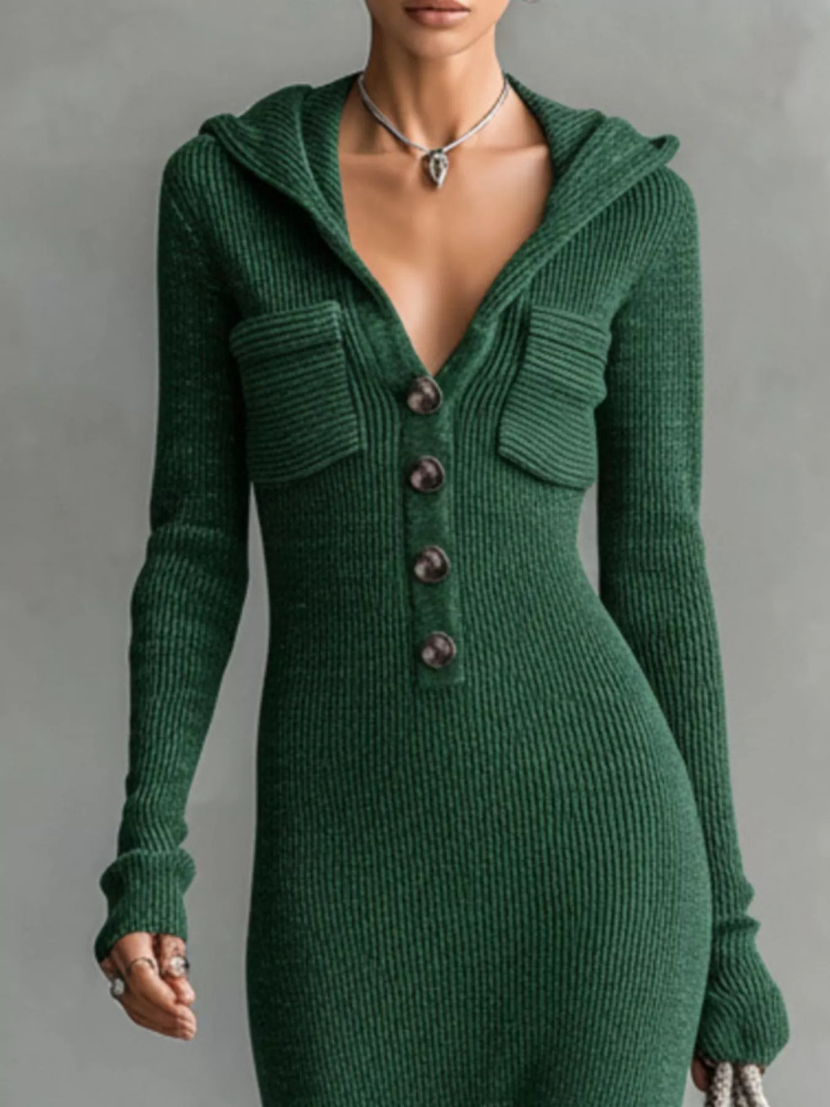 Hooded Knit Maxi Dress with Chest Pockets