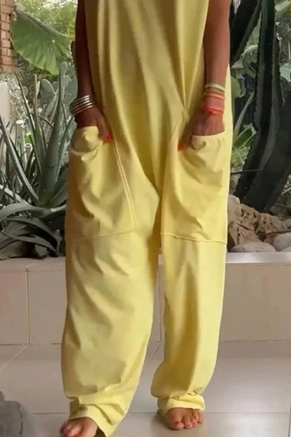 V-Neck Short Sleeve Jumpsuit with Pockets
