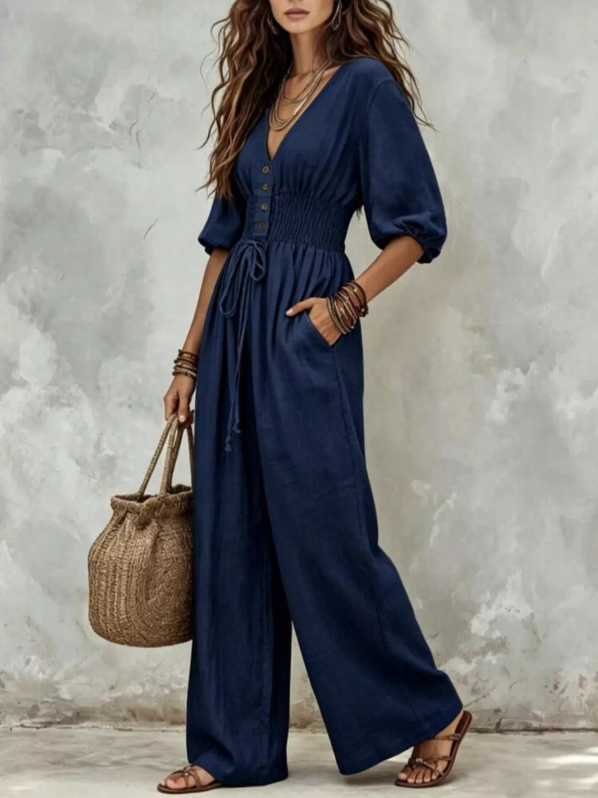 Smocked Waist Wide-Leg Jumpsuit