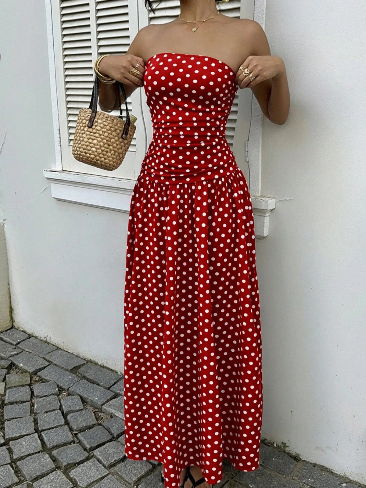Polka Dot Strapless Maxi Dress