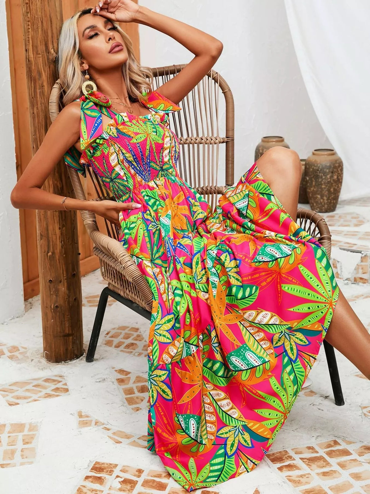 Tropical Print Smocked Tie-Strap Dress in Green