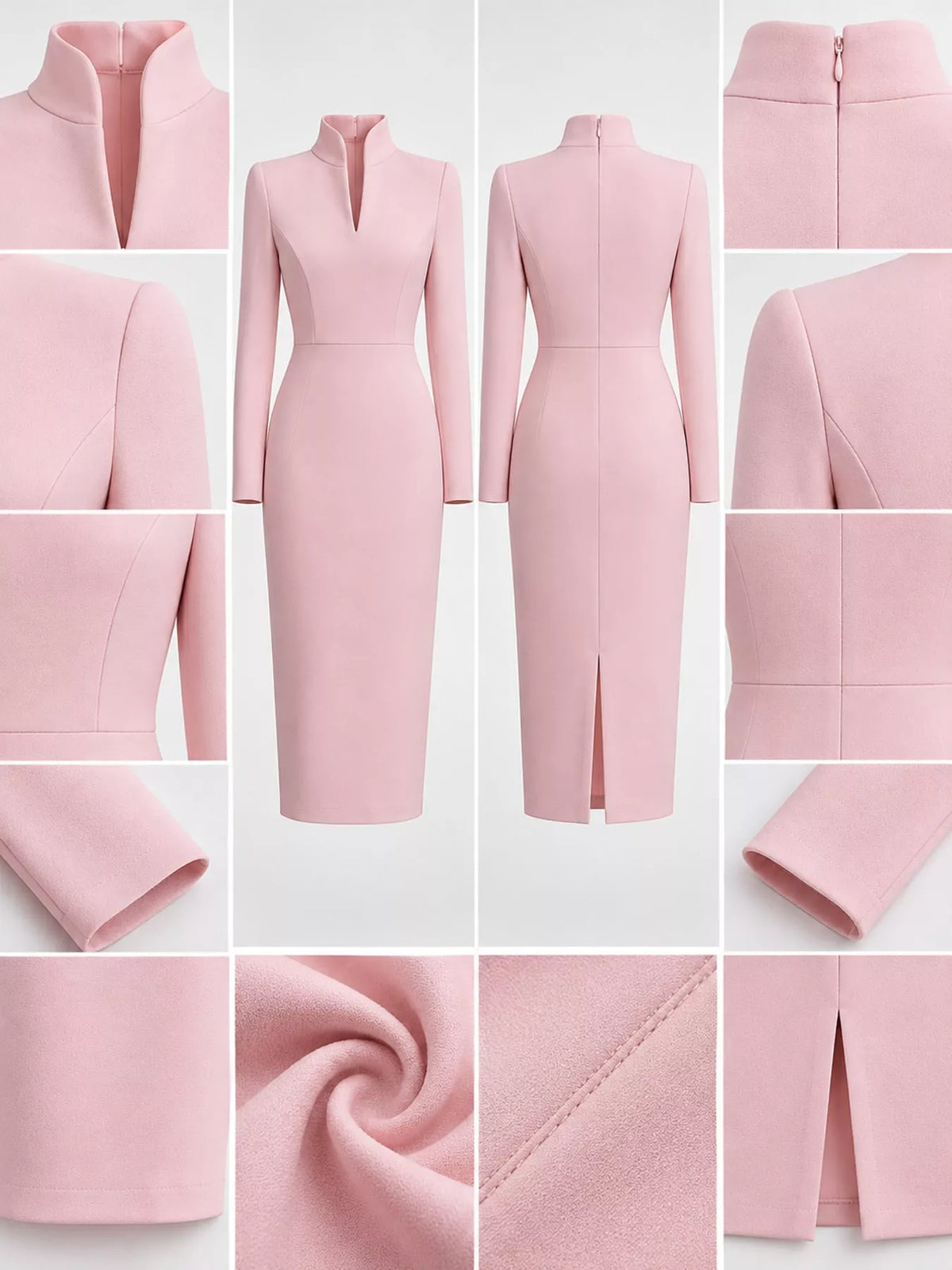 Plus Size Stand-Collar Long-Sleeve Midi Dress