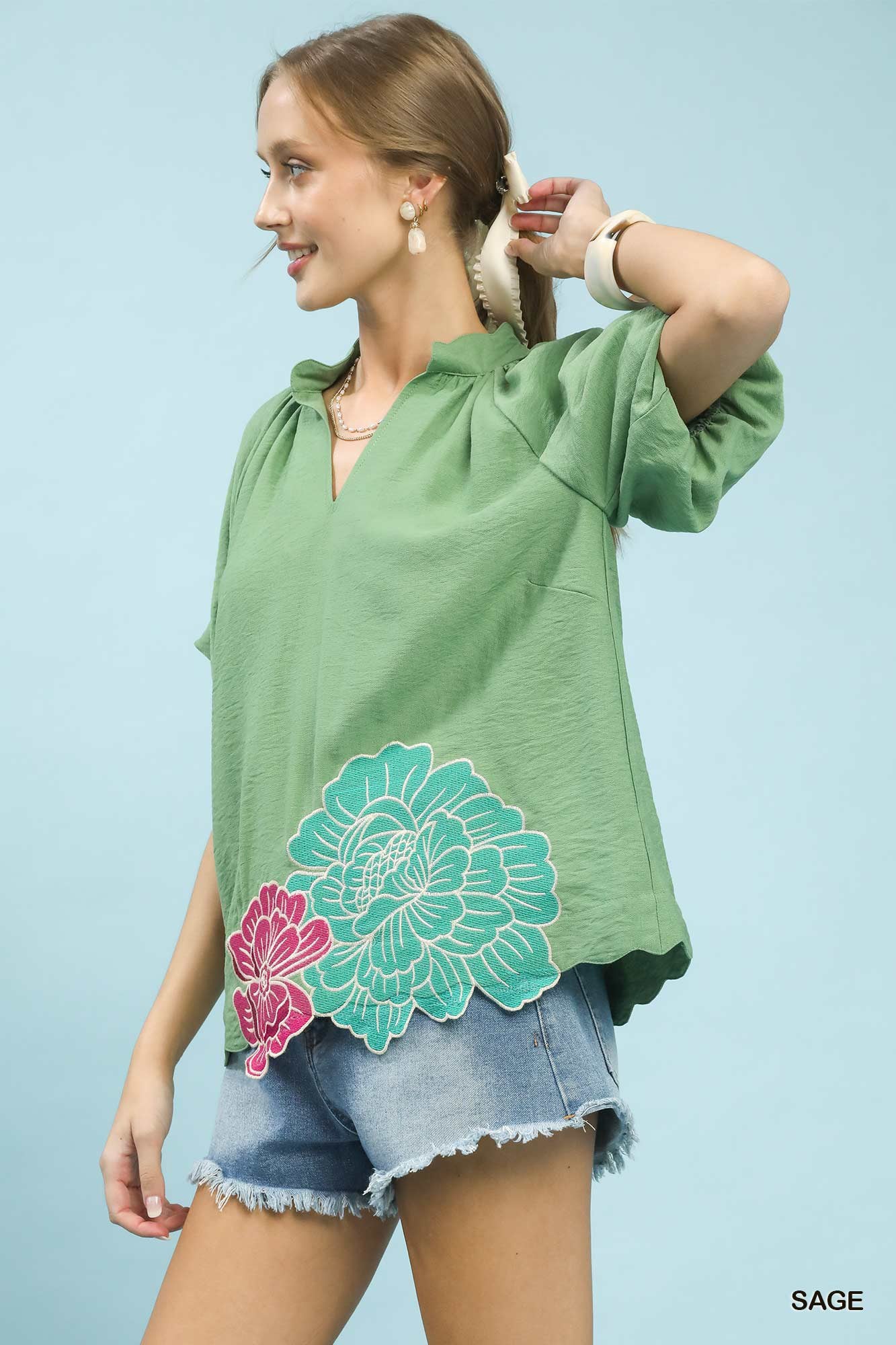 Umgee Floral Embroidered Hem Blouse in Sage