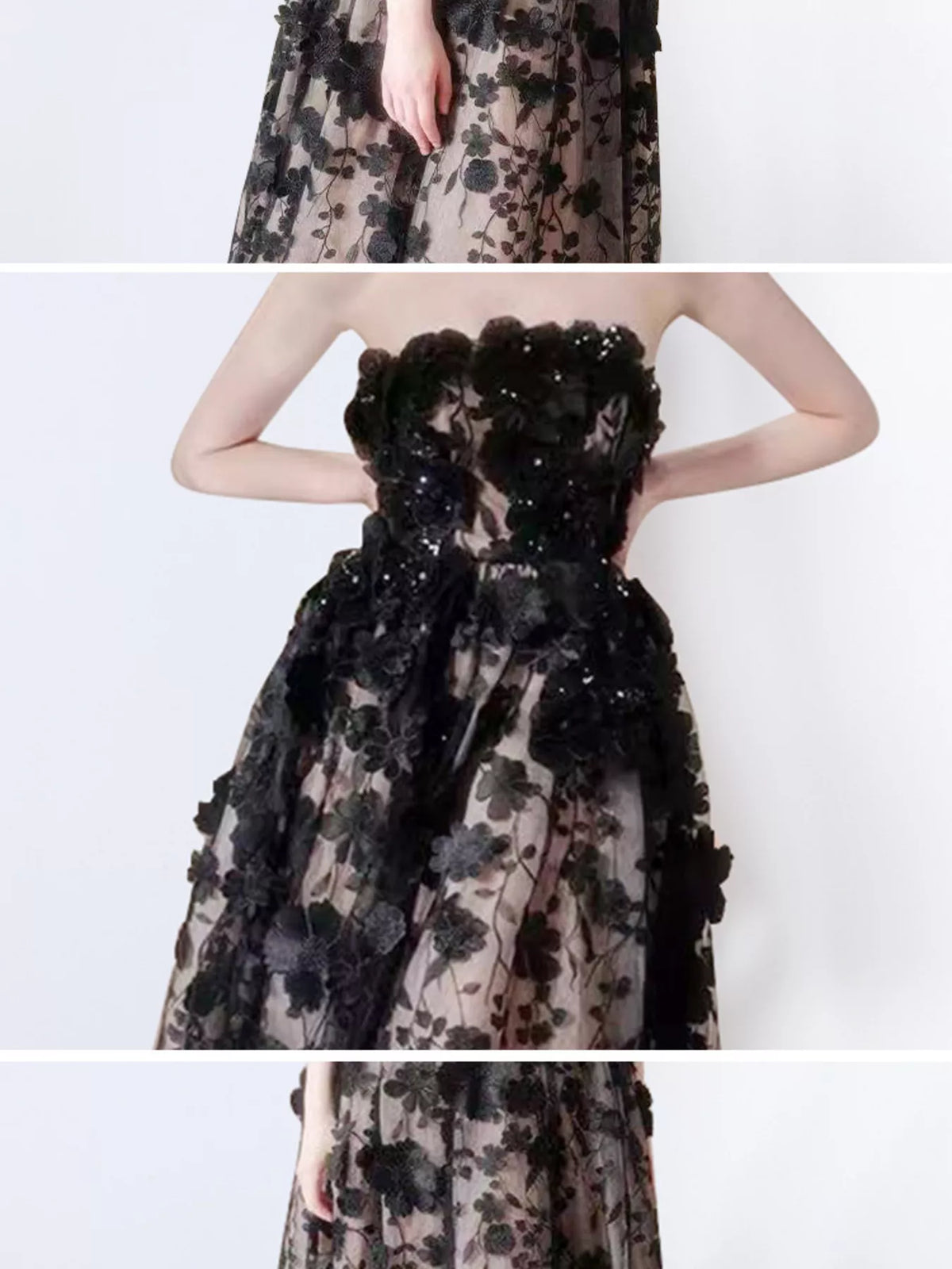 Strapless Floral Applique Midi Dress with Lace Detail