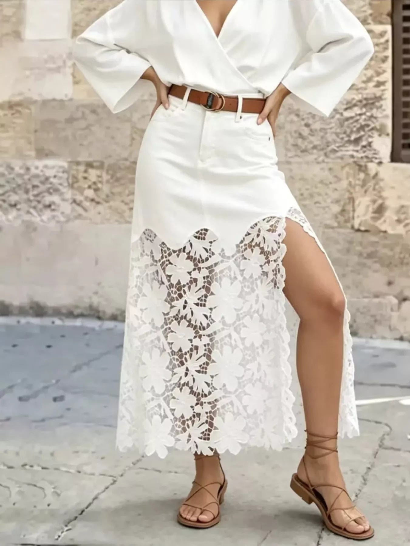 Lace-Trimmed Slit Skirt