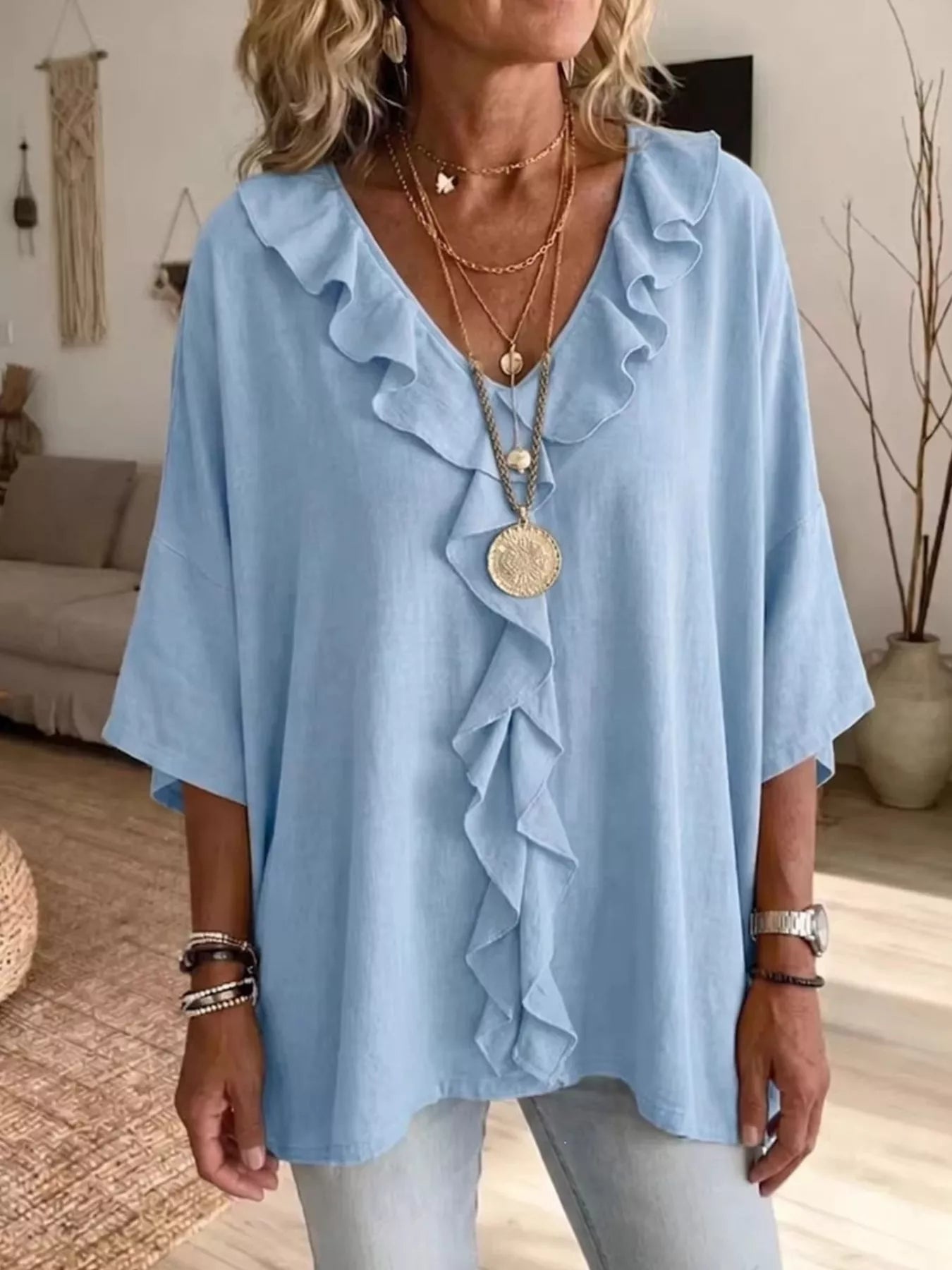 Ruffle V-Neck 3/4 Sleeve Blouse Plus Size