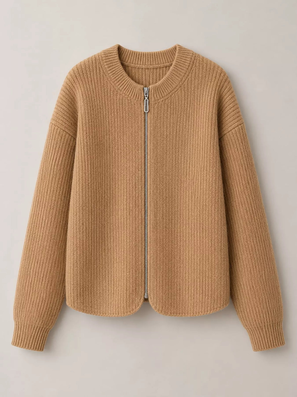 Zip-Up Dropped Shoulder Ribbed Cardigan